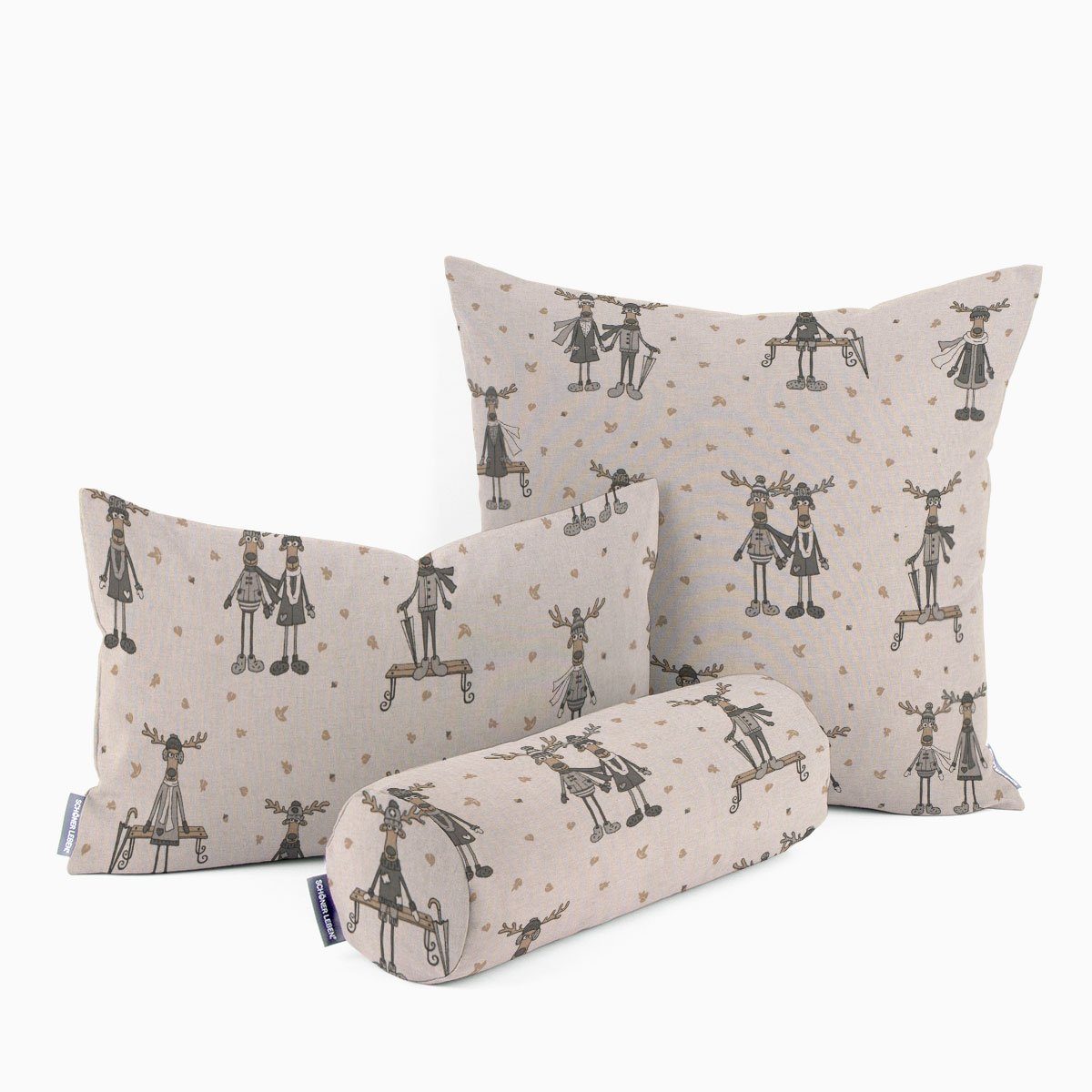 SCHÖNER LEBEN. Dekokissen SCHÖNER LEBEN. Kissenhülle Moose Winter Elche Love natur grau beige
