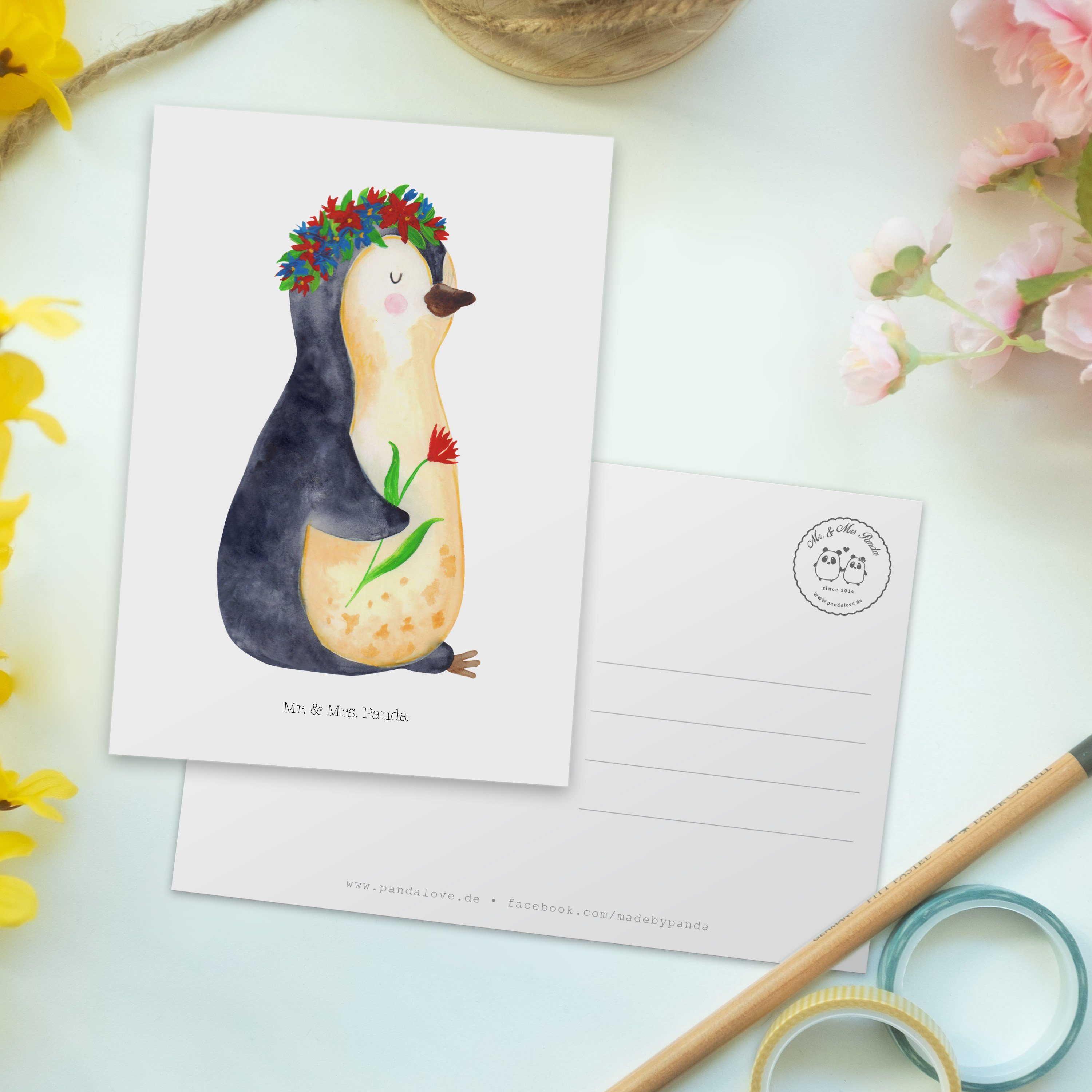 Mr. & Mrs. Panda Postkarte - - Dankeskarte, Blumenkranz Pinguin Geb Geschenk, Geschenkidee, Weiß