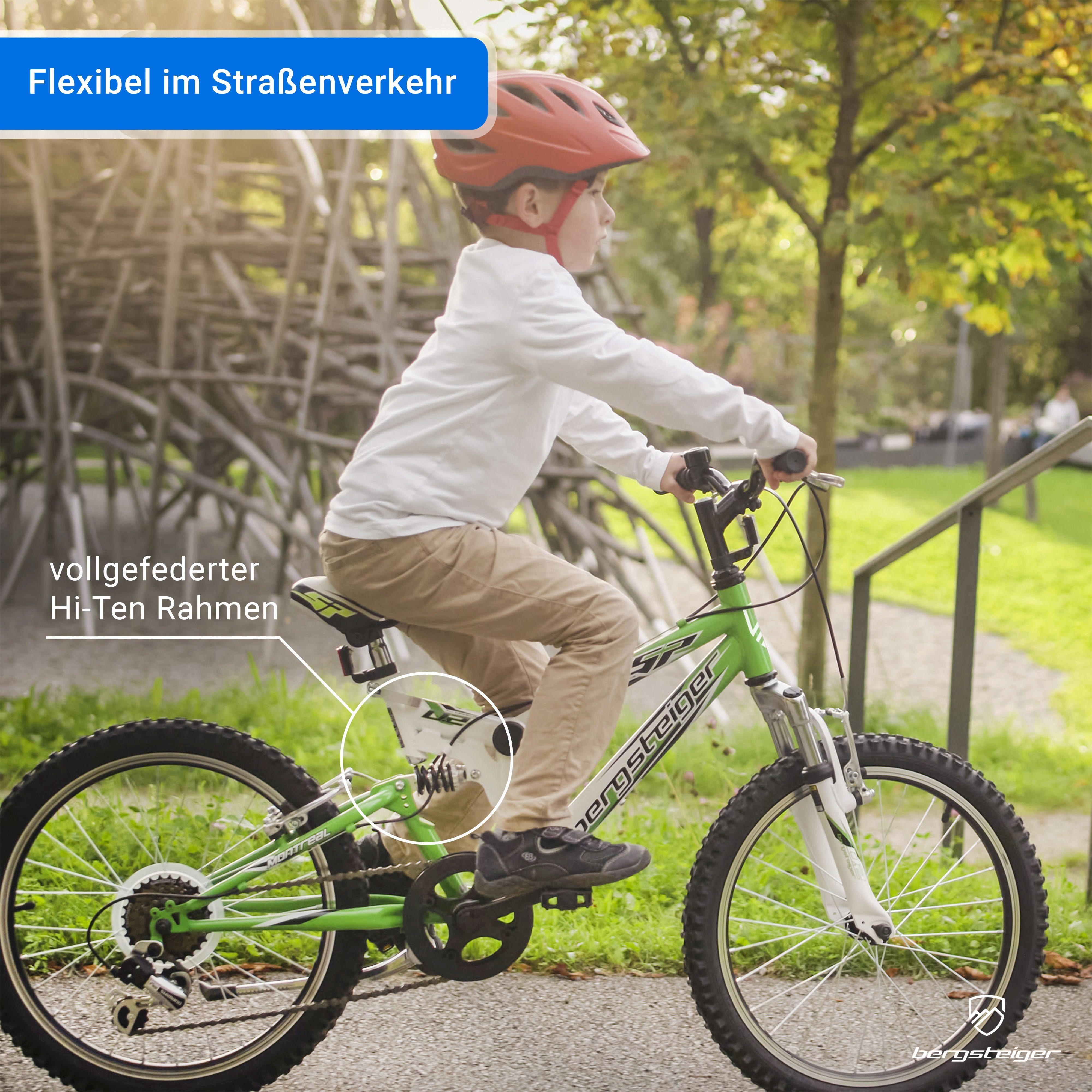 bergsteiger Mountainbike Montreal 20, 24 Zoll Kinderfahrrad, 6 - 13 Jahre, Mädchen, Jungen, 6 Gang Shimano Tourney RD-TY21 Schaltwerk, Kettenschaltung, Scheibenbremse, V-Brake