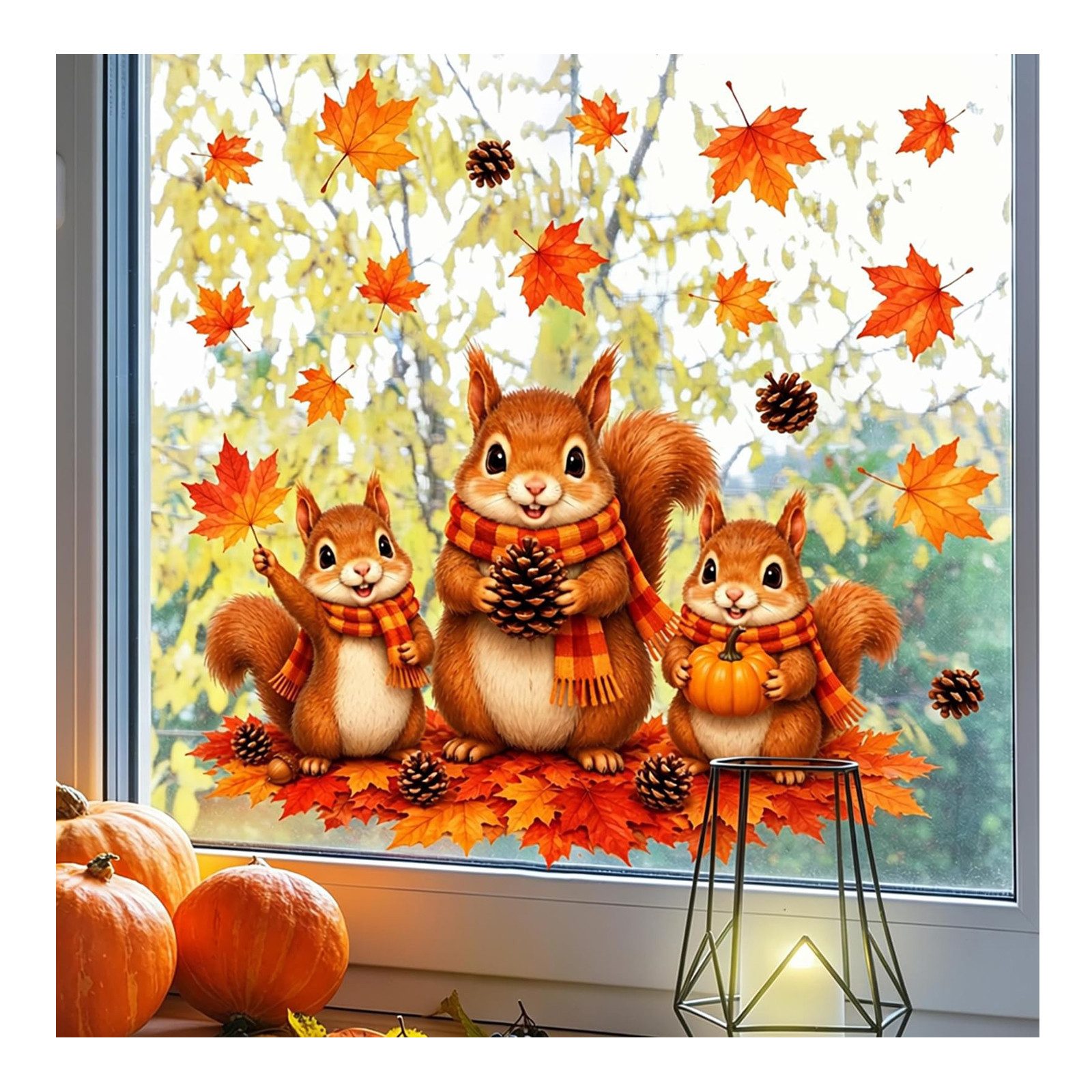 Bomiclss Fensterbild Süßer Herbst-Fensteraufkleber,Motiv:Eichhörnchen mit Schal, 60 x 30 cm, 2er-Pack,Statisch haftend, Ahornblatt-Muster, wiederverwendbar