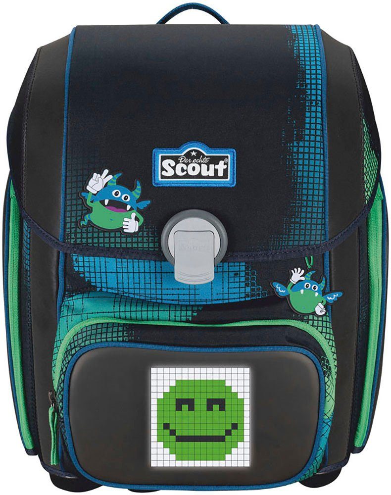 Scout Schulranzen Genius Movie Star, mit LED-Display, Blue Pixel (Set, 4-tlg), mit Powerbank, enthält recyceltes Material
