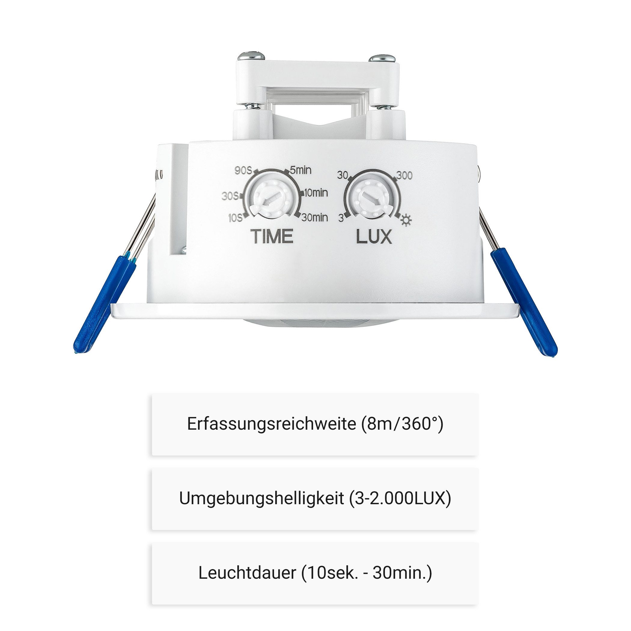 SEBSON Bewegungsmelder Infrarot Sensor Unterputz Decke - programmierbar Reichweite 8m 360°, (1-St), Einbauloch: Ø63-66mm, LED geeignet 1.000W, 230V, 3 Draht