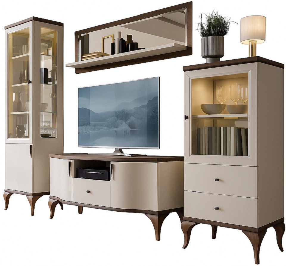 Xlmoebel Wohnwand Elegante Vitrinen und TV-Lowboard in edlem Design mit Wandregal, (4-St., 4tlg Wohnzimmer Set (2x Vitrinen + TV-Lowboard + Wandregal), Hergestellt in Europa