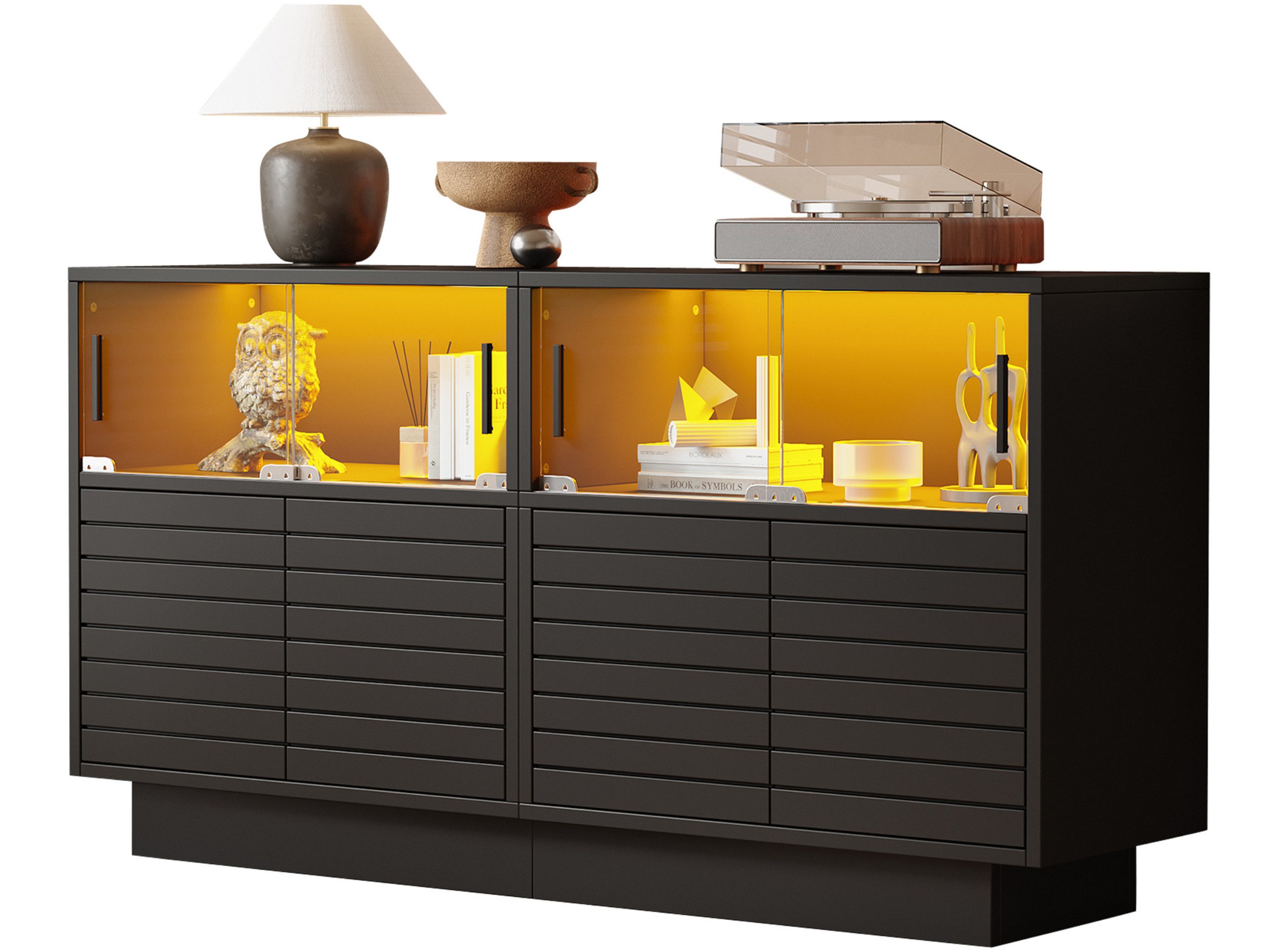 SeedWave Sideboard Bodenstehender Wohnzimmerschrank LED Furschrank mt Glas-Schiebetüren, Beistellschrank mit 4 grifflosen Türen, Rückprallstellsetzung