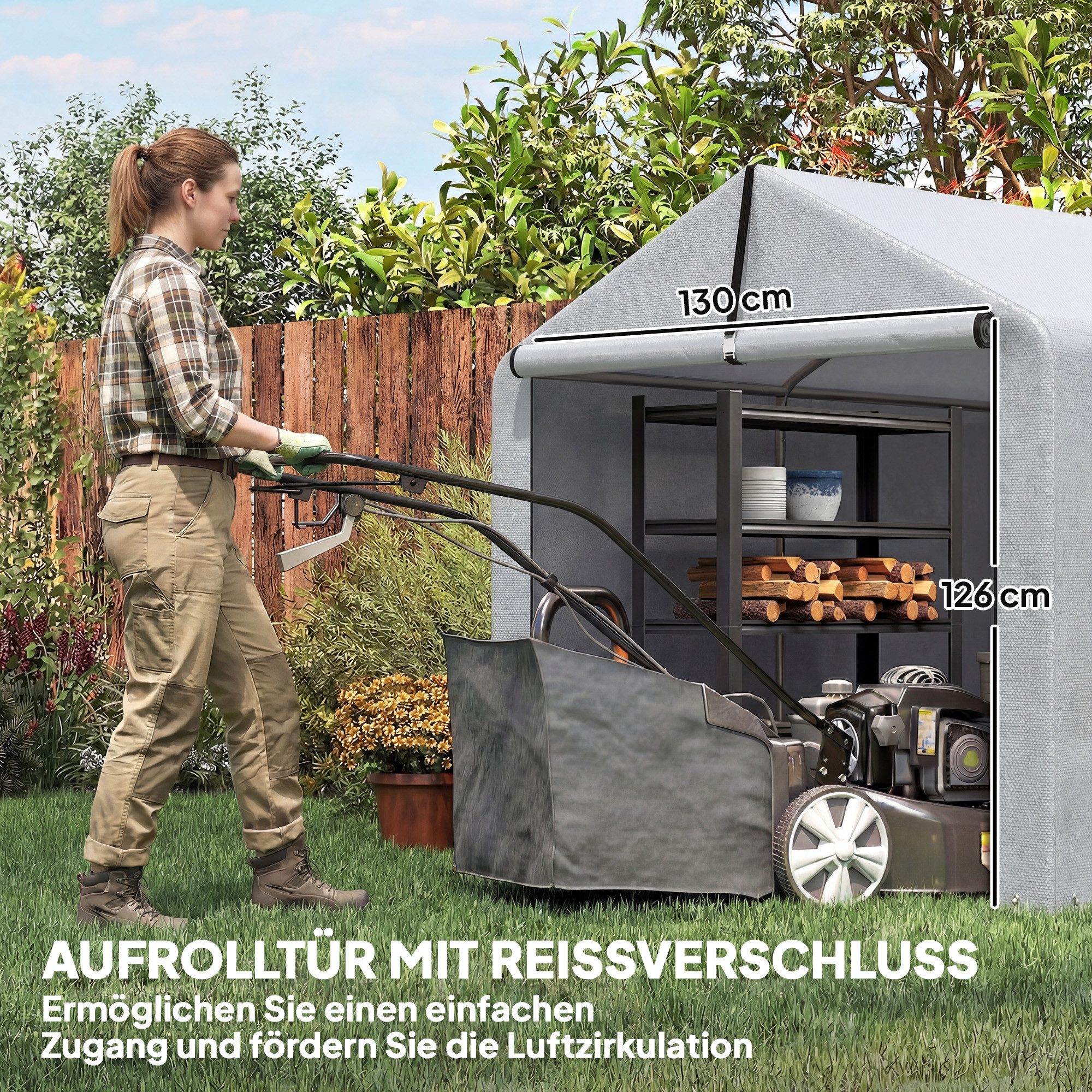 Outsunny Gerätezelt Rollbar Reißverschlusstür Zeltgarage, Personen: 1 (Lagerzelt, 1 tlg., Garagenzelt), für Gartengeräte, Motorrad Hellgrau – Bild 5 von 5