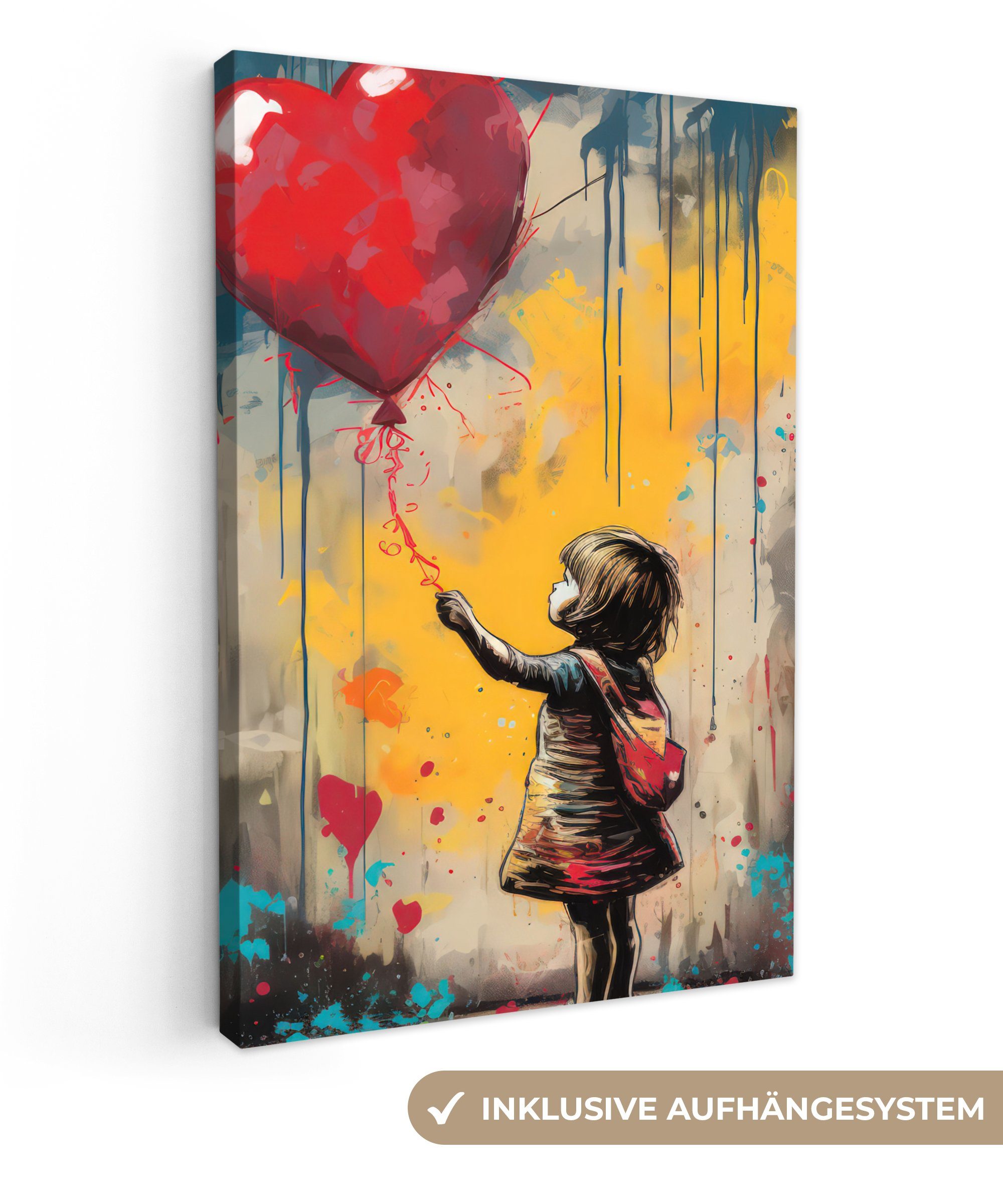 Leinwandbild Mädchen - Luftballon - Herz - Graffiti
