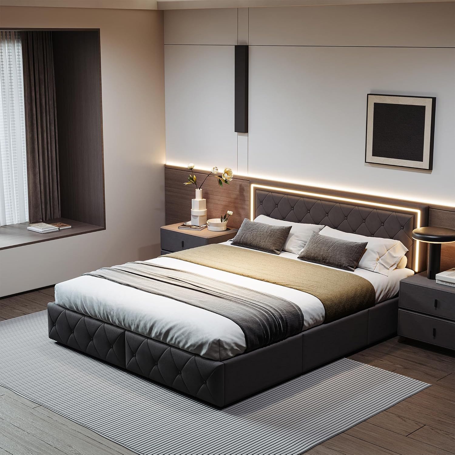 PXloue Polsterbett LED Doppelbett Stauraumbett (1 tlg., Kopfteil hochstellbar), mit 3 Schublade, LED-Beleuchtung, Gepolsterte Rückenlehne, 140x200cm