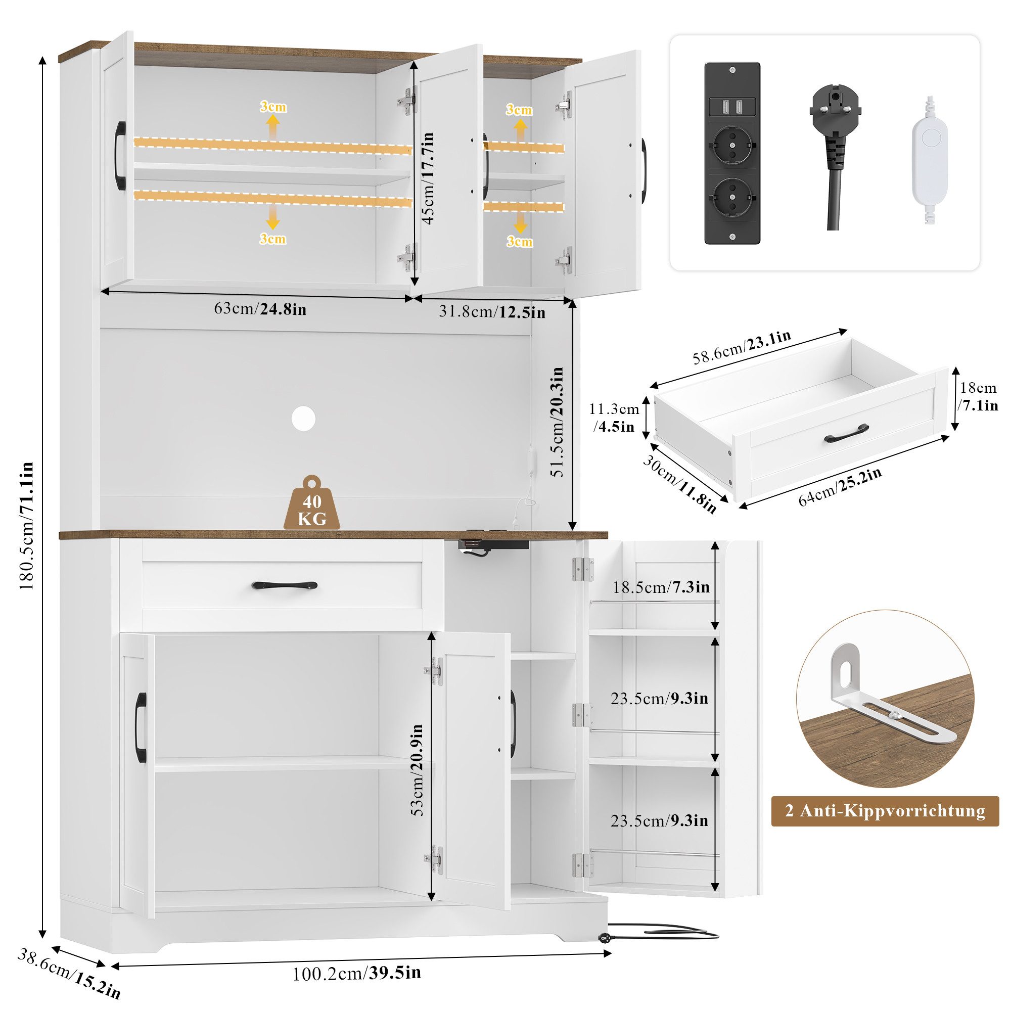Homfa Küchenbuffet Küchenbuffet mit LED Küchenschrank Buffetschrank Sideboard weiß mit Steckdosenleiste & Arbeitsplatte 180,5x100x38,6cm