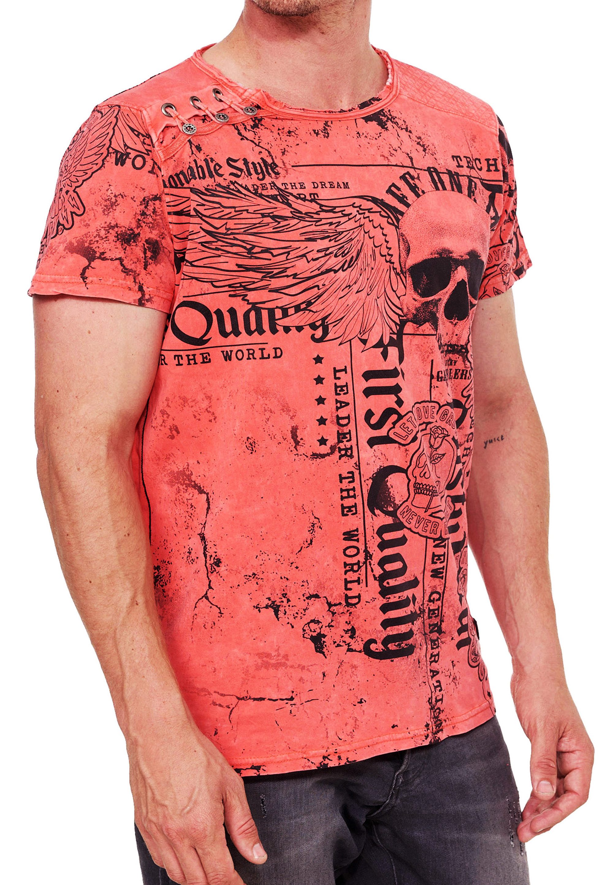 R-NEAL T-Shirt Skull Print Oil Washed T-Shirt mit Plakativem Toten-Kopf Aufdruck