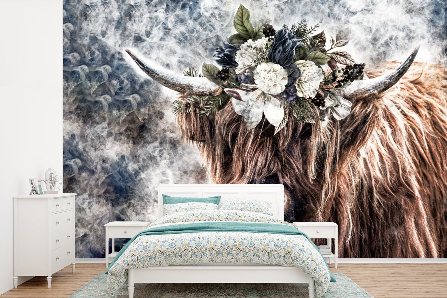 MuchoWow Fototapete Schottische Highlander - Blumen - Nebel, Matt, bedruckt, (6 St), Wallpaper für Wohnzimmer, Schlafzimmer, Kinderzimmer, Vinyl Tapete