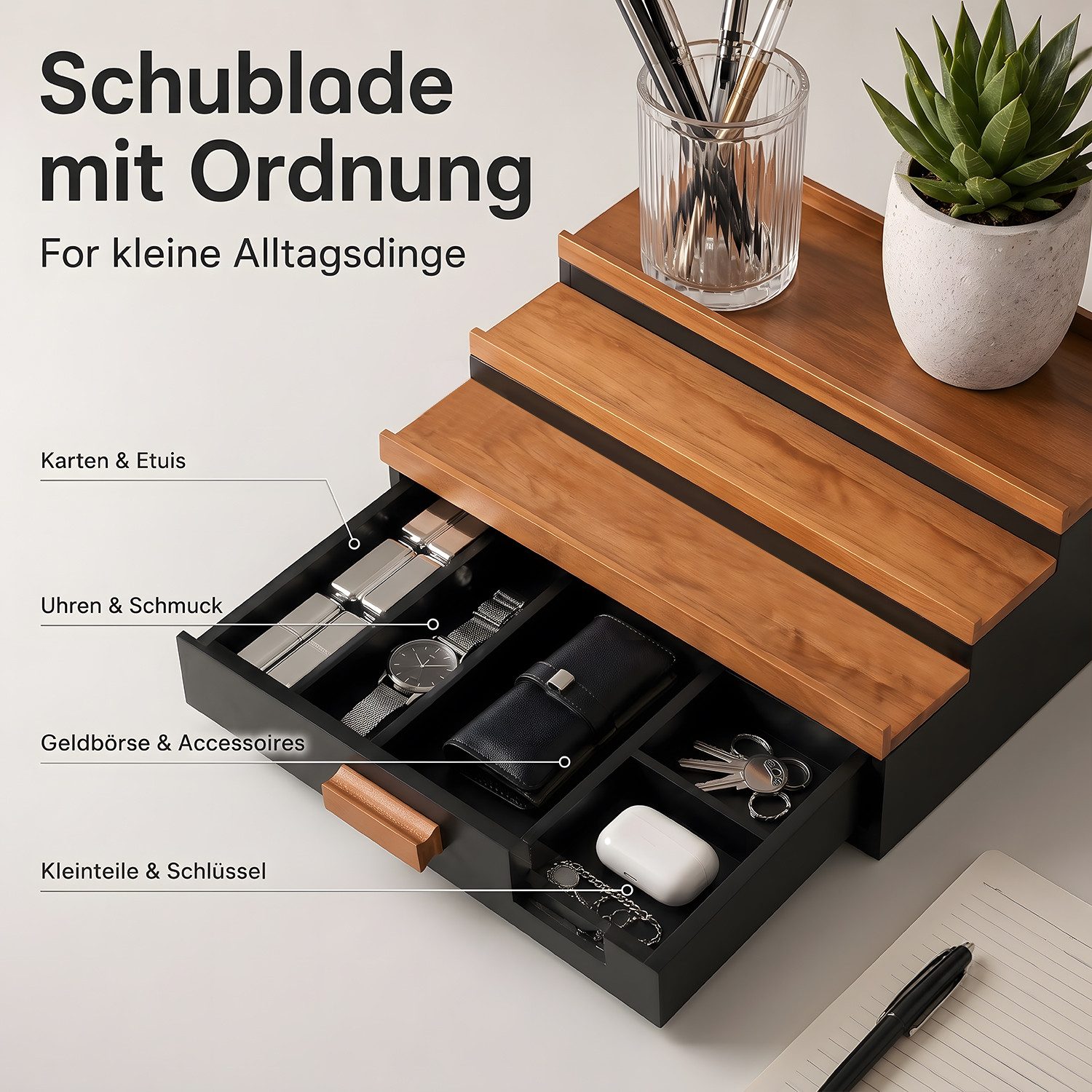 HEYHIPPO Make-Up Organizer 3-stöckiger Parfüm-Ständer aus Holz, mit Schublade, 32×22×10,5 cm, Stufenförmiger Kosmetik-Ständer–Präsentationsregal für Parfüm& Mak – Bild 4 von 5