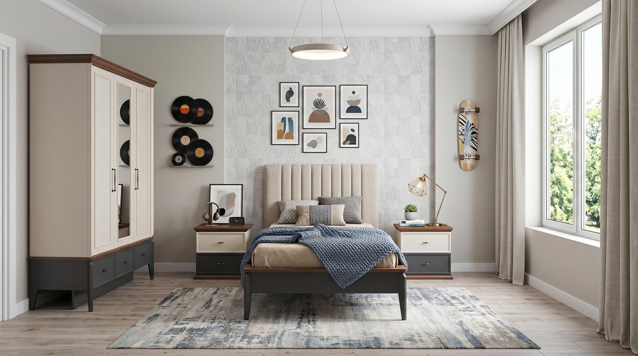 Xlmoebel Kleiderschrank Beige-schwarzer Kleiderschrank für modernes Jugendzimmer