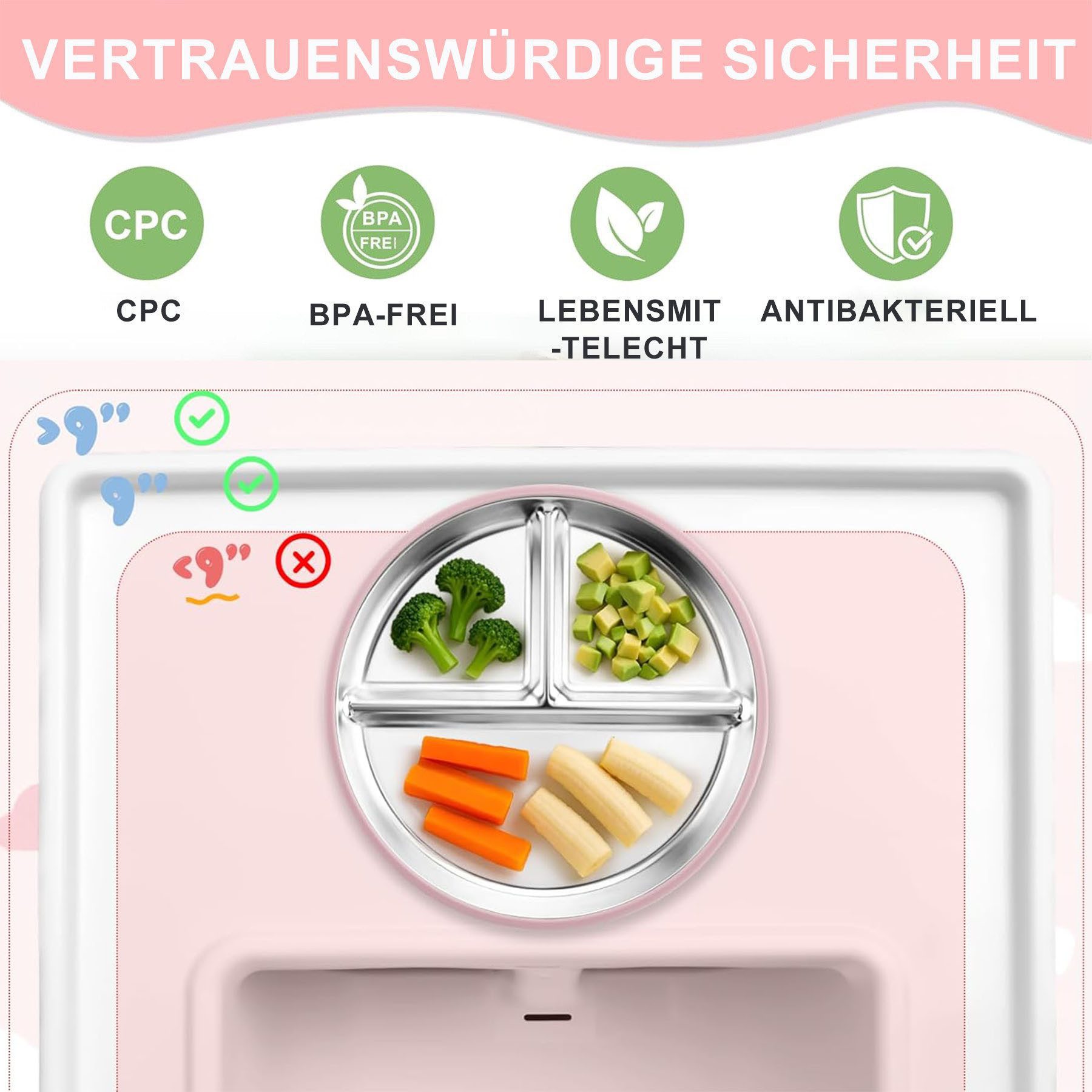 Mutig Kindergeschirr-Set 3 Stück Edelstahl Baby Teller mit Silikon Saugnapf mit Löffeln&Gabeln, 1 Personen, Spülmaschinenfest & BPA Frei mit Unterteilung,Für Kinder geeignet