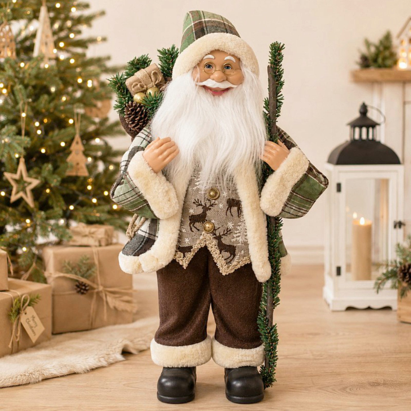 Koopman Weihnachtsmann Weihnachtsfigur Weihnachten XL 60cm Grün Polyester (Stück, 1 St., Packung), 60x34x12cm, Geschenkebeutel, Kariertes …
