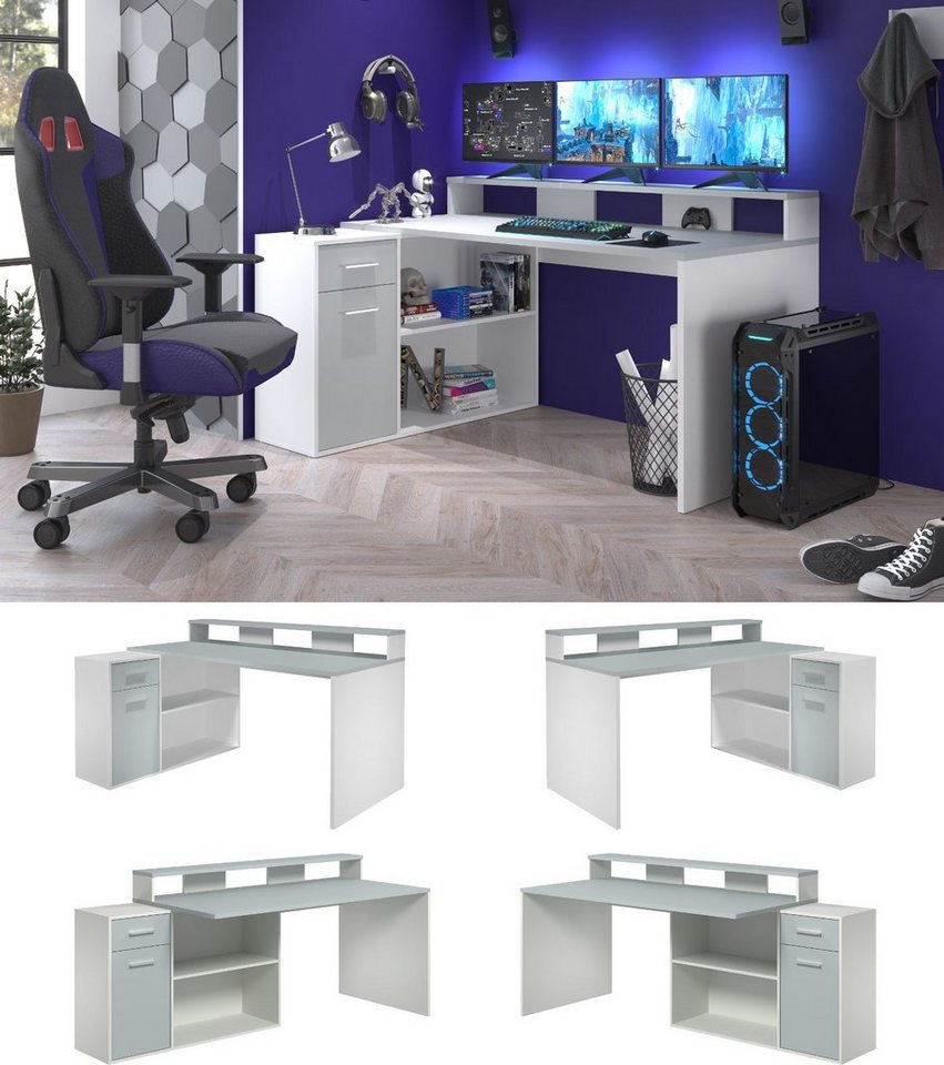 trendteam Schreibtisch Gamer (Winkelschreibtisch oder gerade stellbar, 160  - 200 cm), 4 verschiedene Aufbaumöglichkeiten, mit viel Stauraum,  Schreibtisch 