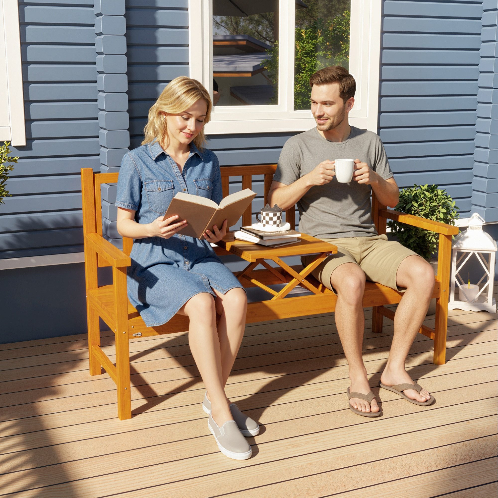 Outsunny Bank Sitzbank mit Tisch, Parkbank mit Armlehne, bis 280 kg Belastbar (Holzbank, 1-St., Gartenbank), für Balkon, Terrasse, Hellbraun, 153 x 56 x 91 cm