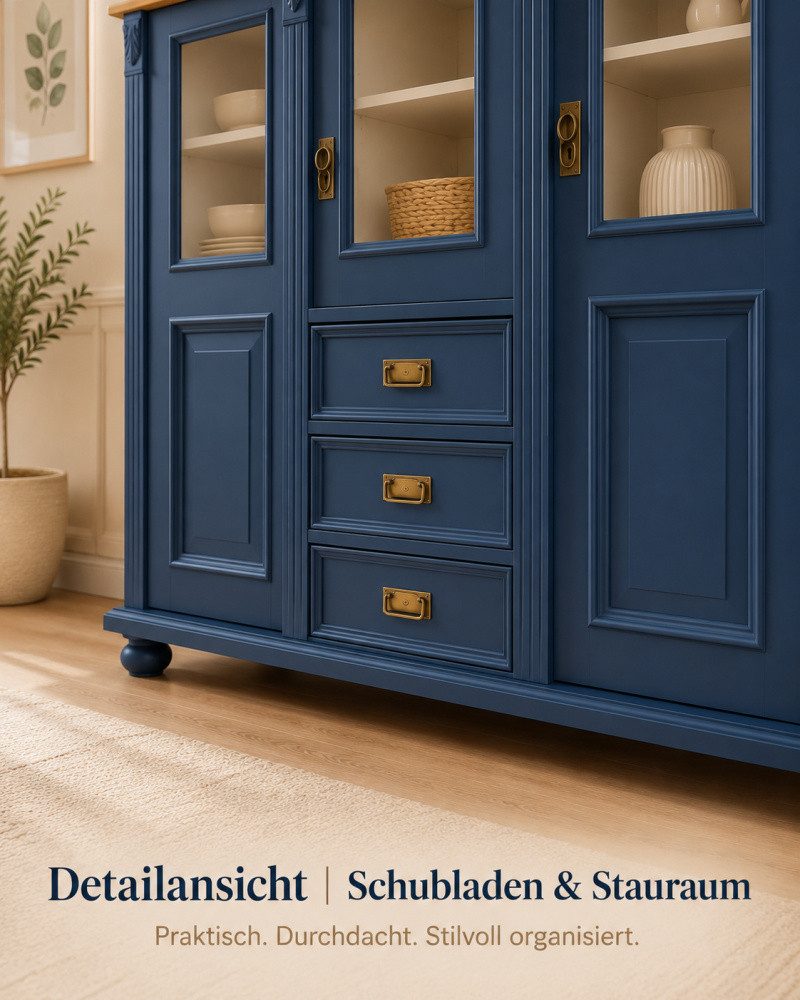 Wohnpalast Buffet Premium Jugendstil Vitrine aus Weichholz – Landhaus-Stil, Azurblau lac