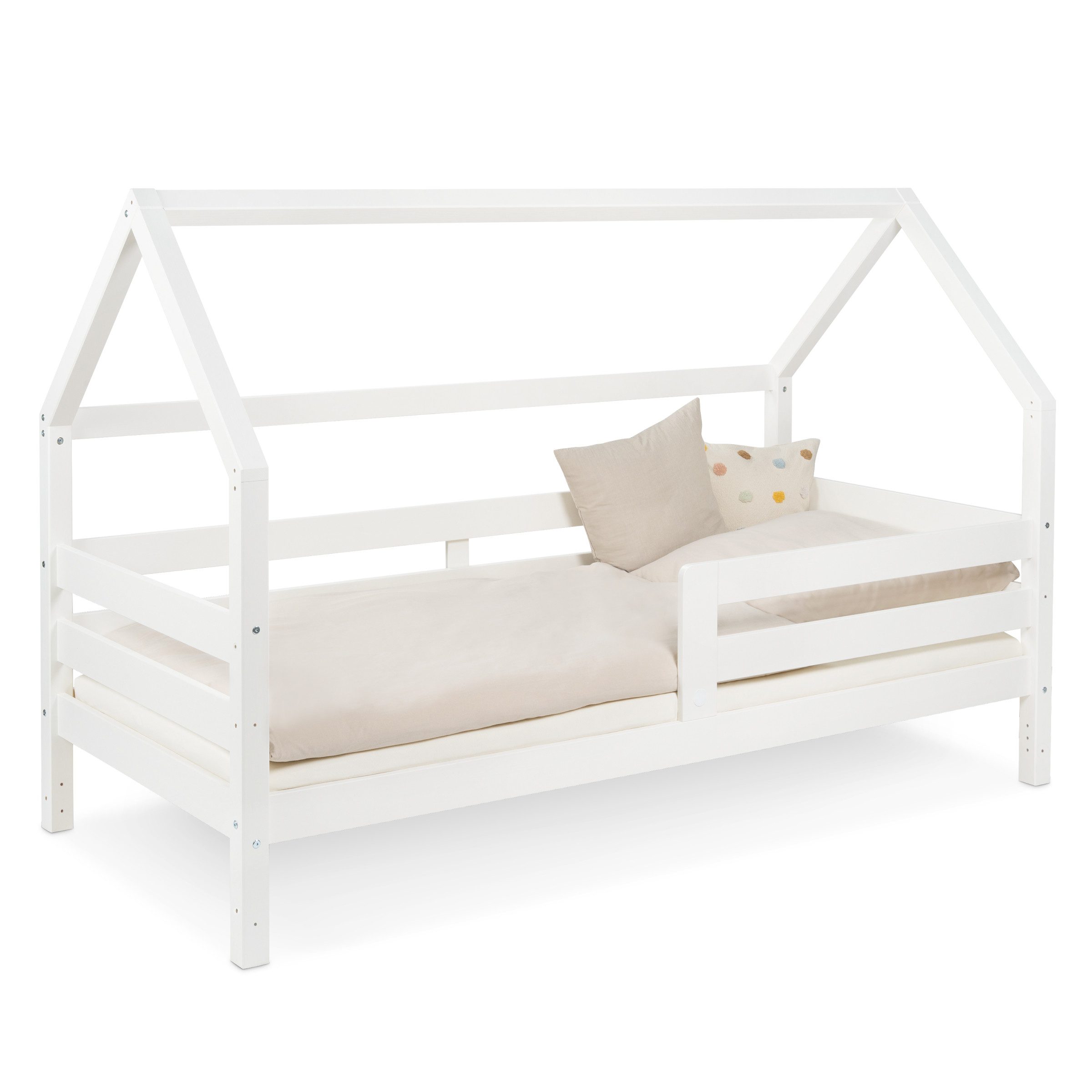 Ehrenkind Hausbett Sona aus FSC®-zertifiziertem Kiefernholz, höhenverstellbar (90x200 cm, inkl. Rollrost und abnehmbarem Rausfallschutz), 2-in-1 Bett – bodentief oder in Standardhöhe aufbaubar