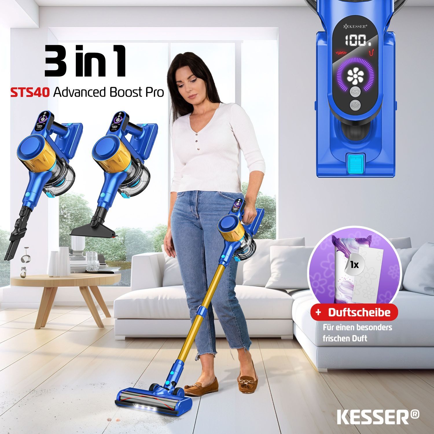 KESSER Akku-Hand-und Stielstaubsauger Stabstaubsauger mit Anti-Tangle-Bodenbürste für Hartböden Teppich, Hepa-Filter, beutellos, Handstaubsauger bis 60 Min. Akku Staubsauger beutellos mit LED