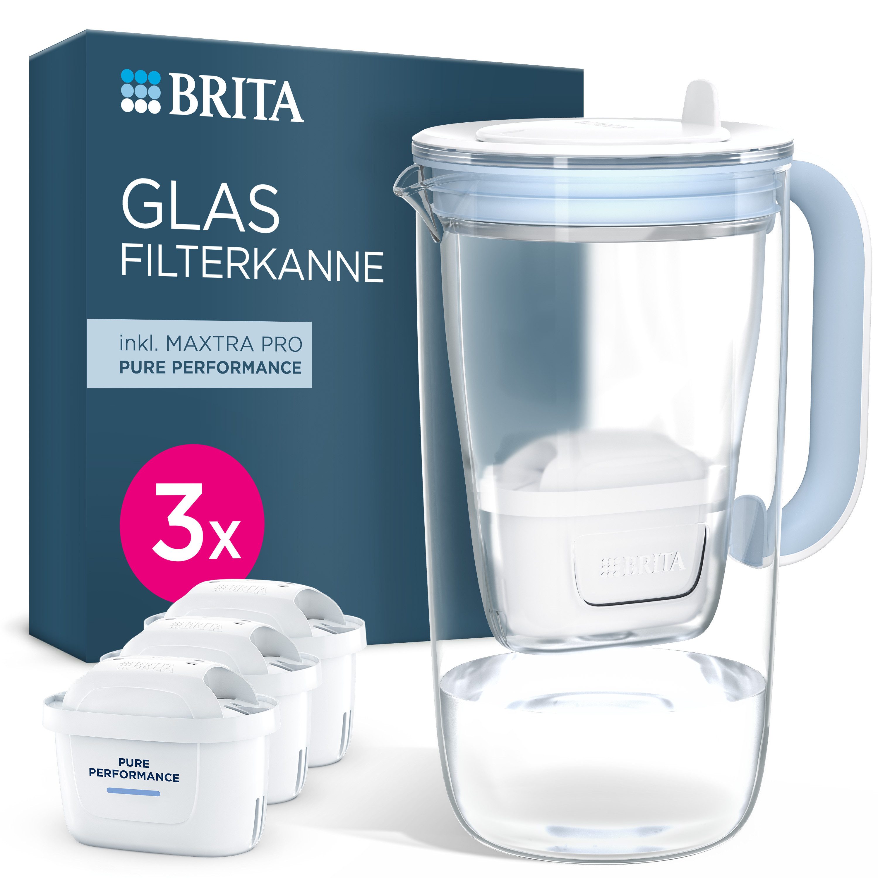 BRITA Wasserfilter Glas-Kanne MAXTRA hellblau (2,5l), inkl. 3x Pure Performance Filter, Premium-Glaskanne, Filterwechselanzeige, reduziert PFAS, Kalk etc.