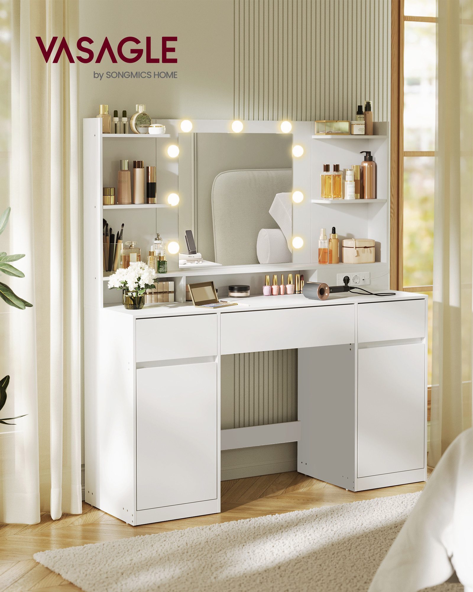 VASAGLE Schminktisch Hocker Steckdosenleiste (1 Tisch mit 1 Hocker), mit Spiegel und LED-Leuchten, 2 Schränke, 9 dimmbare Glühbirnen – Bild 3 von 5