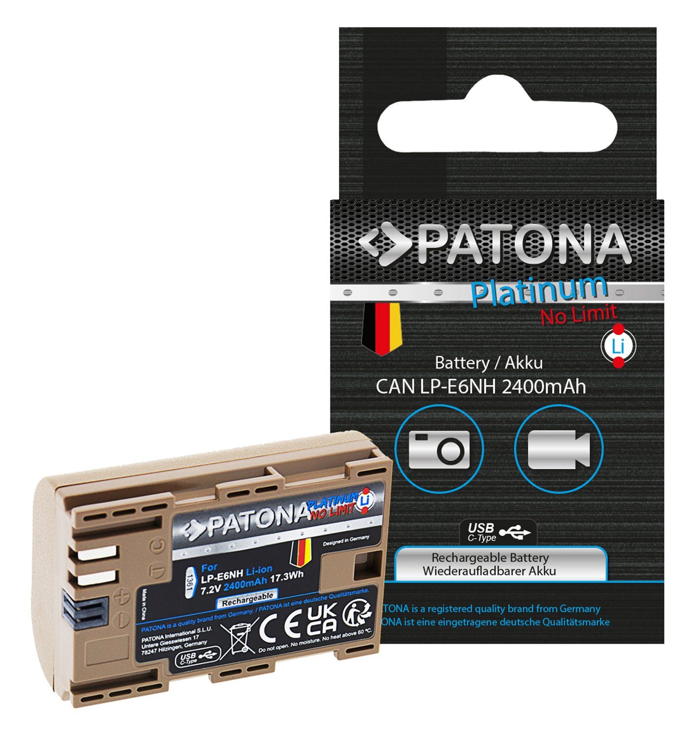 kompatibel mit mit 2400 EOS Kamera-Akku 70D für die inkl) USB-C Patona Ladebuchse 80D Akku LP-E6NH mAh, 90D Akku 60D, USB-C Canon (Kabel Eingang