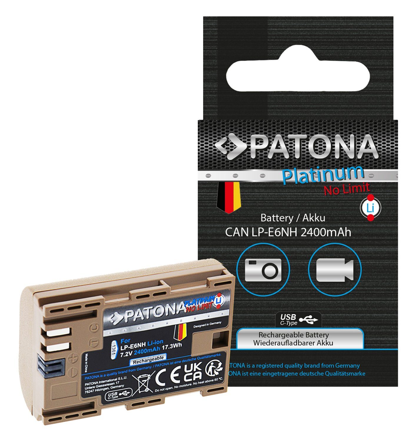 Patona Akku mit USB-C Eingang für die Canon EOS 90D 80D 70D 60D Kamera-Akku LP-E6NH 2400 mAh, Akku mit USB-C Ladebuchse (Kabel inkl)