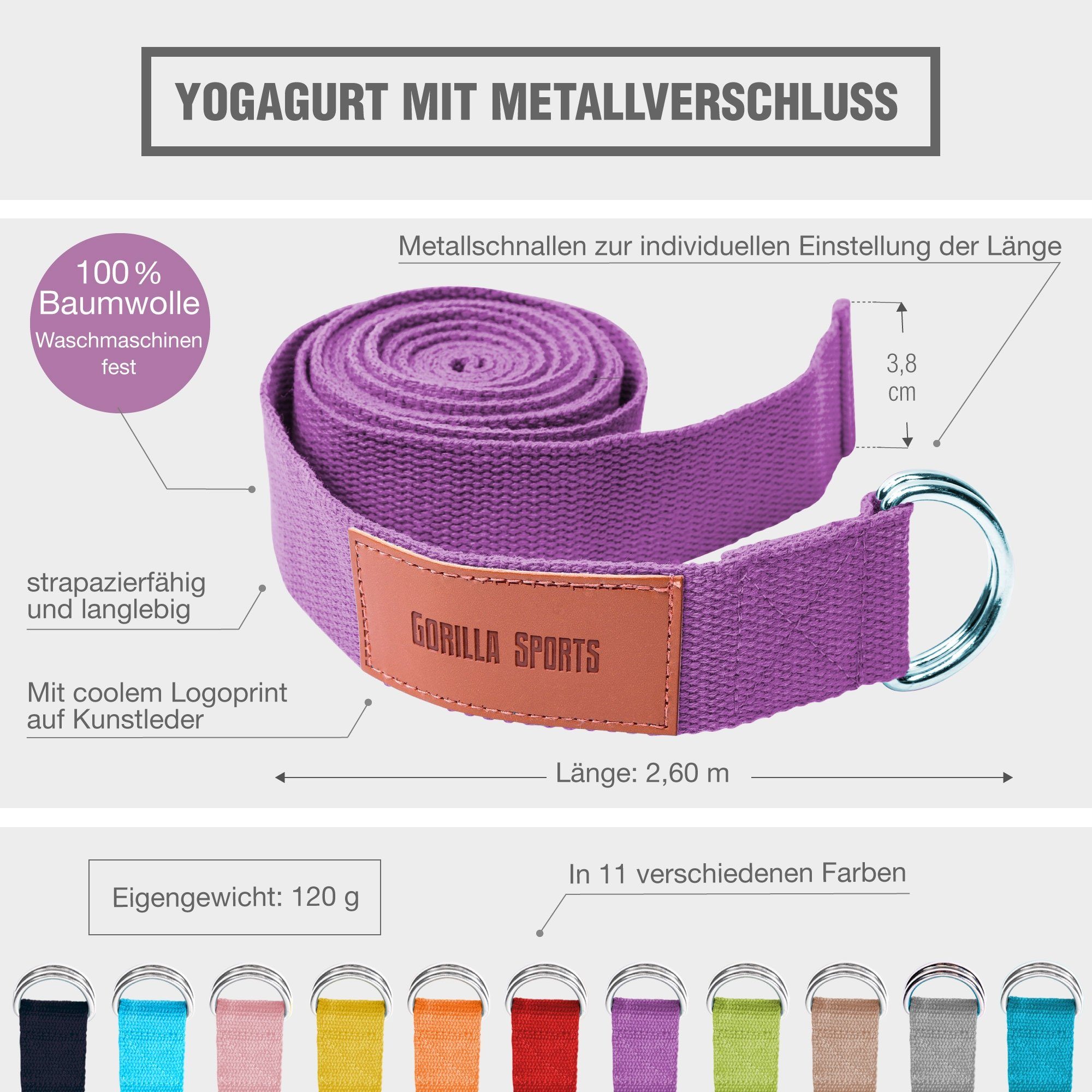 SPORTS Yogagurt Baumwolle, Metall, aus Lila Yoga 100% Strap Verschluss mit GORILLA Yoga-Gürtel,
