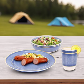 Spetebo Geschirr-Set Melamin Campinggeschirr Service blau - 12-teilig (12-tlg), 4 Personen, Melamin, Geschirr Set aus Teller Müslischale und Becher