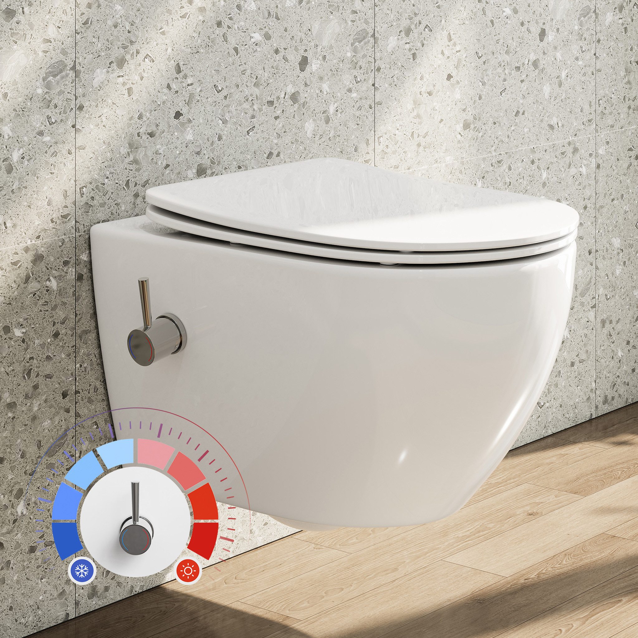 HOROW Dusch-WC Taharet -WC mit Softclose Toilettensitz, spülrandlose Toilette, Toilette mit Bidet-Funktion, Abgang waagerecht, Set, Wand-WC mit WC-Sitz Absenkautomatik