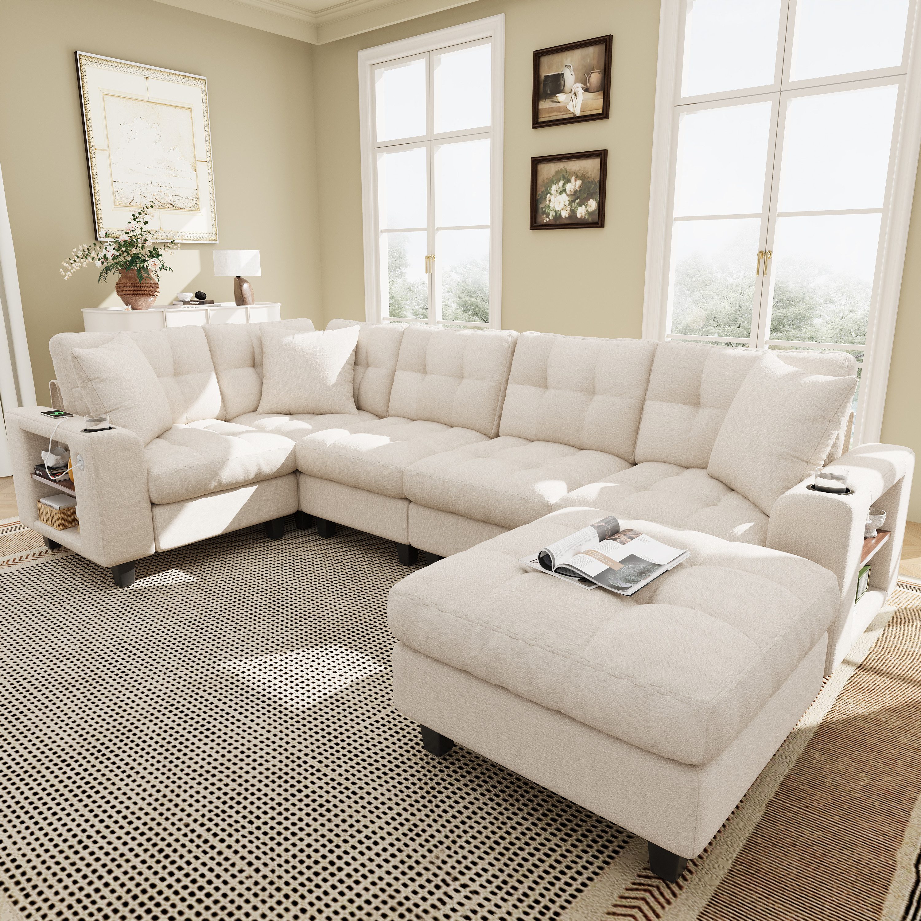 Merax Ecksofa U-förmiges XXL-Modulares Sofa mit USB-Anschlüssen, Chenille-Sofa, ideal für Wohnzimmer 1 Teile, 6-Sitzer-Sofa mit Bücherregal-Armlehnen, Hocker, Becherhalter & Kissen