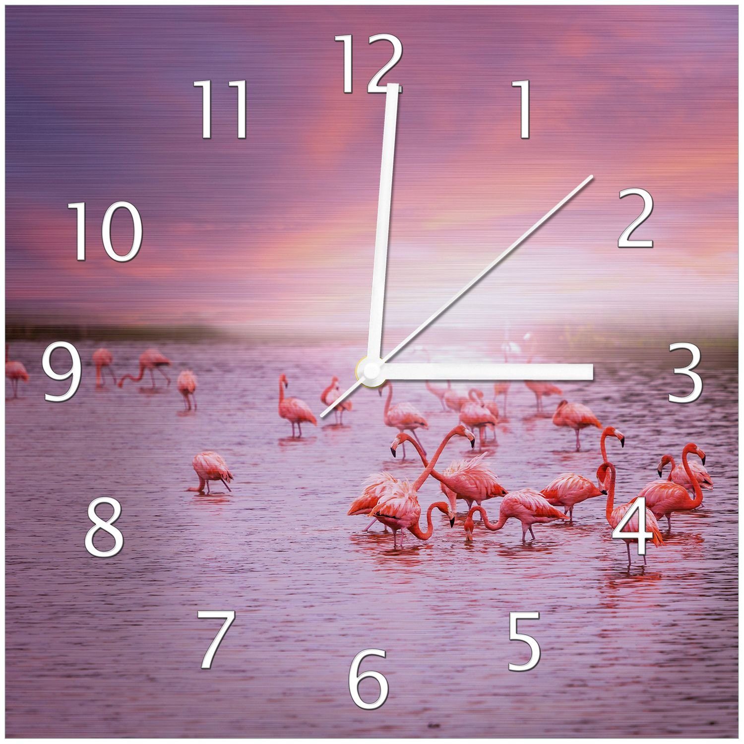 bei Wallario Rosa Sonnenuntergang (Aluverbunduhr) Wanduhr Flamingos
