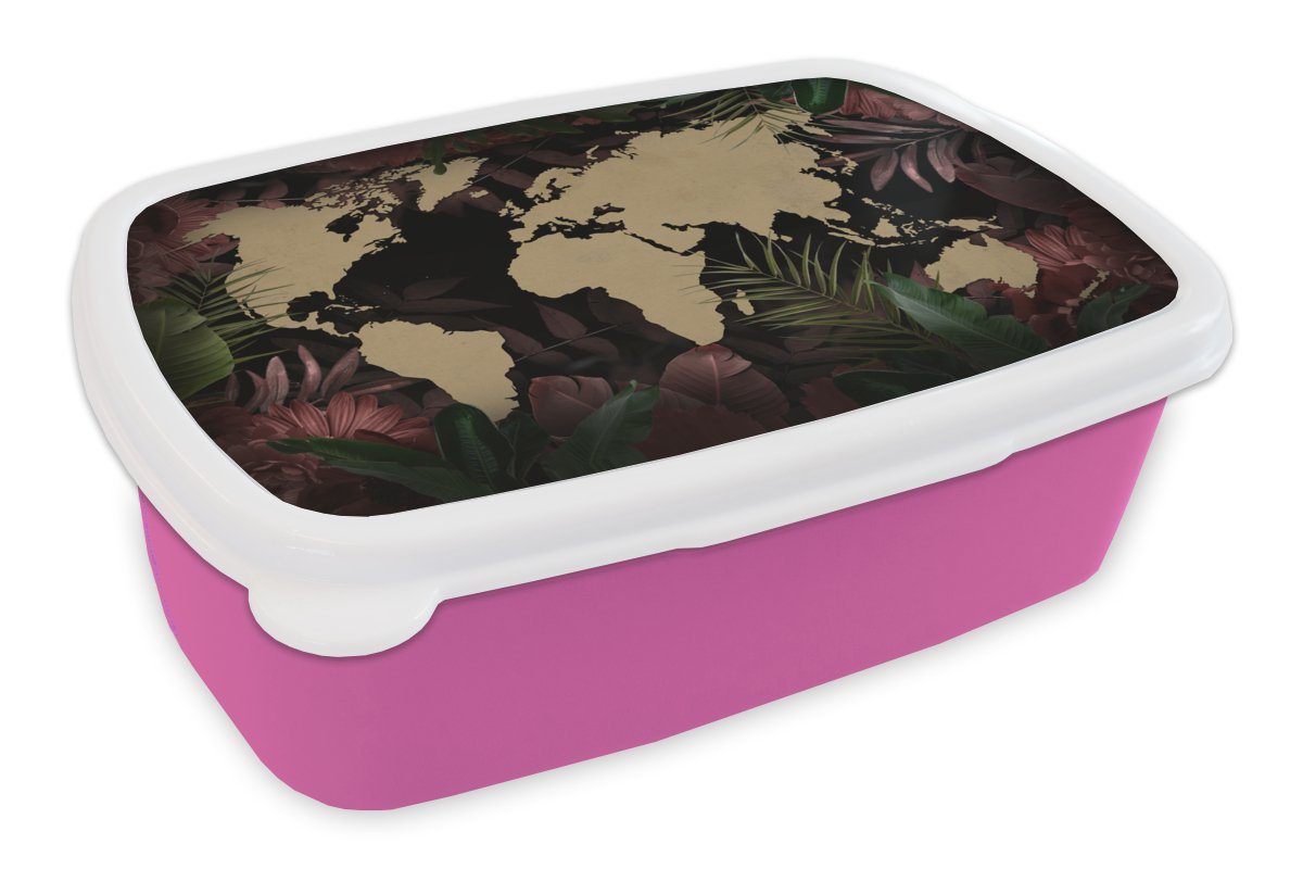 MuchoWow Lunchbox Weltkarte - Tropische Pflanzen - Braun, Kunststoff, (2-tlg), Brotbox für Erwachsene, Brotdose Kinder, Snackbox, Mädchen, Kunststoff rosa