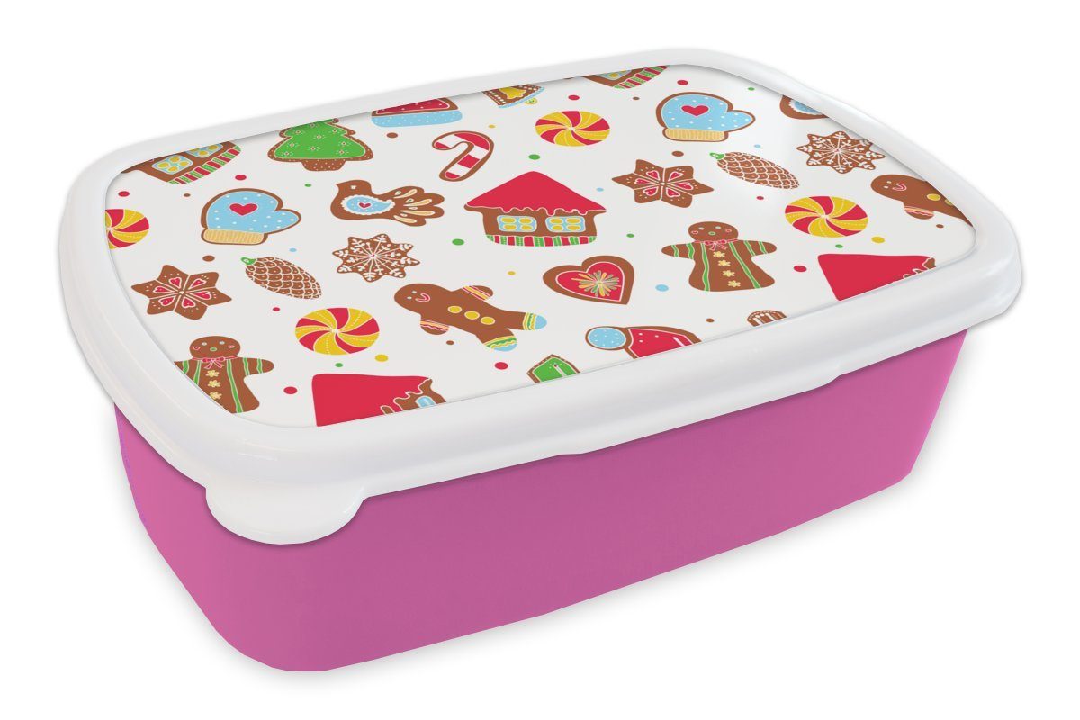 MuchoWow Lunchbox Muster - Lebensmittel - Weihnachten, Kunststoff, (2-tlg), Brotbox für Erwachsene, Brotdose Kinder, Snackbox, Mädchen, Kunststoff rosa