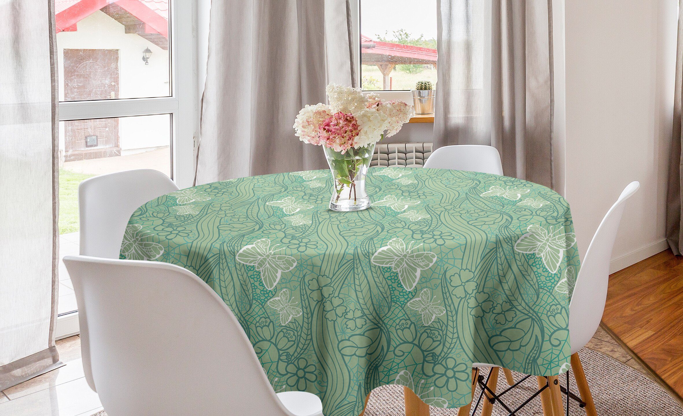 Abakuhaus Tischdecke Kreis Tischdecke Abdeckung für Esszimmer Küche Dekoration, Grün Spitze Art Schmetterlinge
