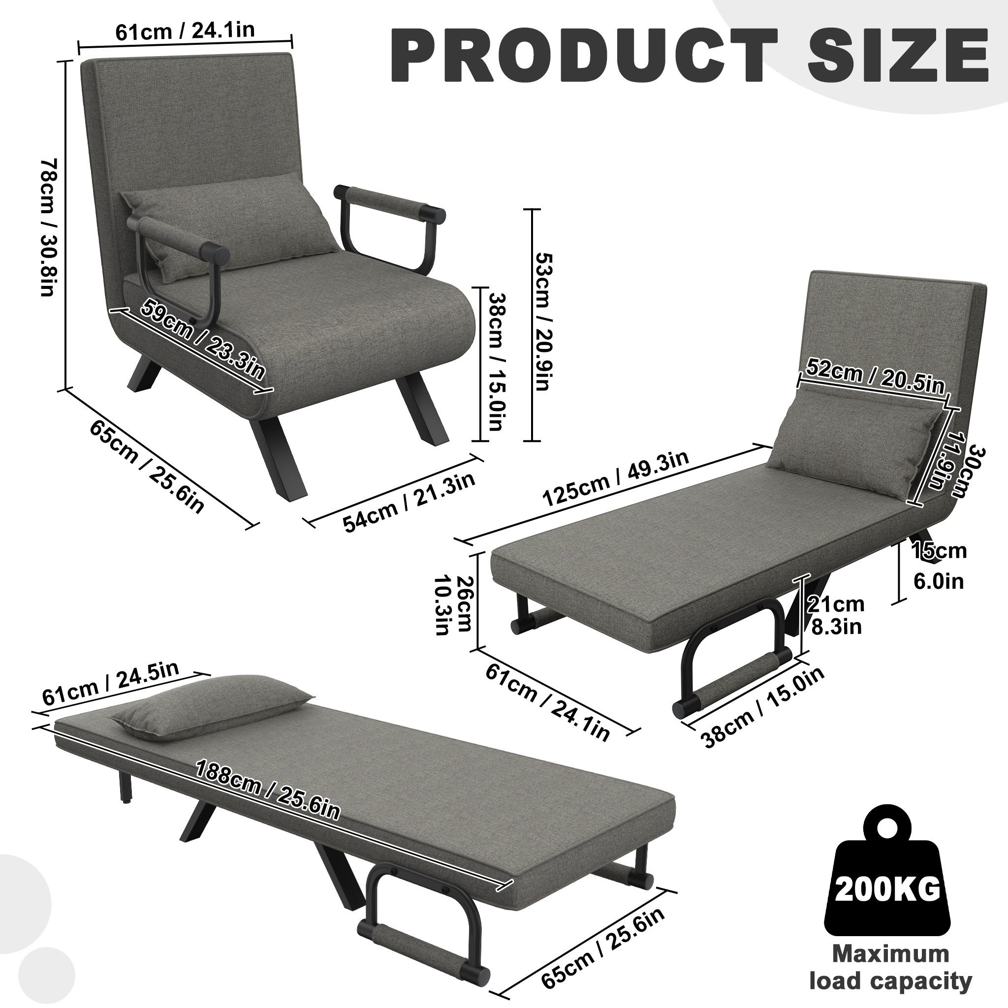 FIVMEN Sessel 3 in 1 Schlafsessel Schlafsofa Klappbares mit Bettfunktion, Klappsessel mit Verstellbare Rückenlehne Sofabett Gästebettfür – Bild 2 von 5