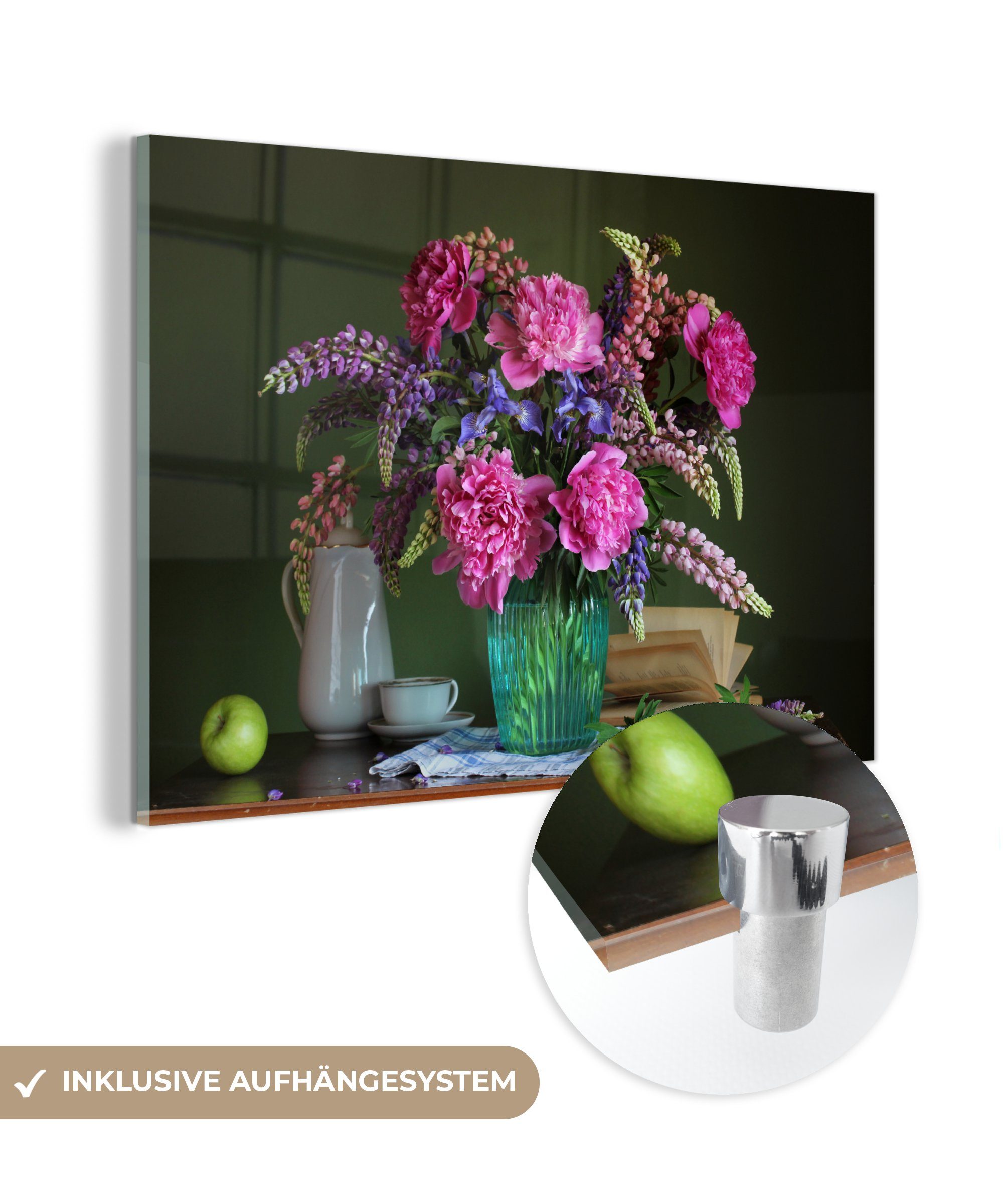MuchoWow Acrylglasbild Tisch - Blumen - Stilleben, (1 St), Glasbilder - Bilder auf Glas Wandbild - Foto auf Glas - Wanddekoration