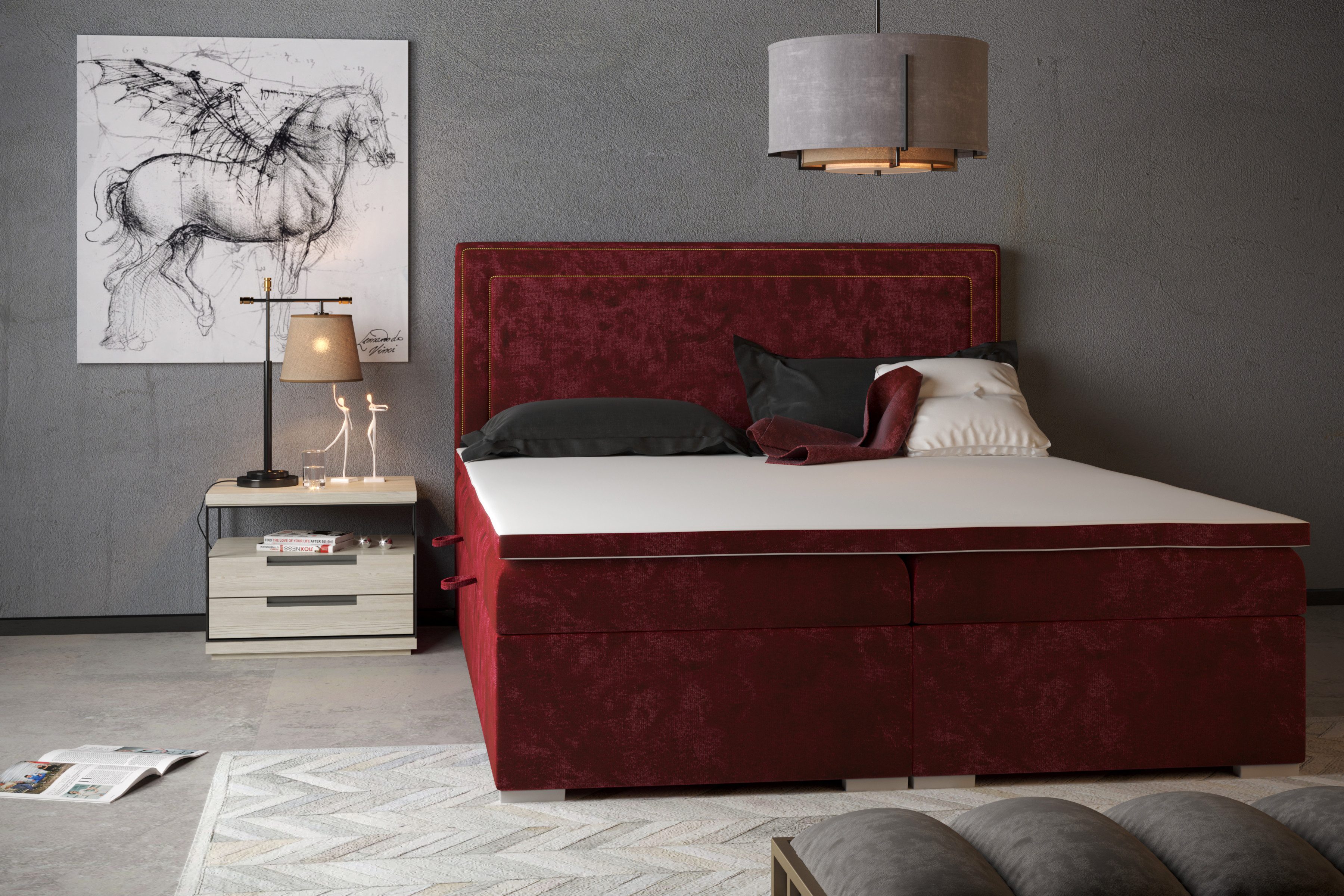 JVmoebel Boxspringbett Luxuriöses Doppelbett aus italienischem Echtleder in Burgund (1-St)