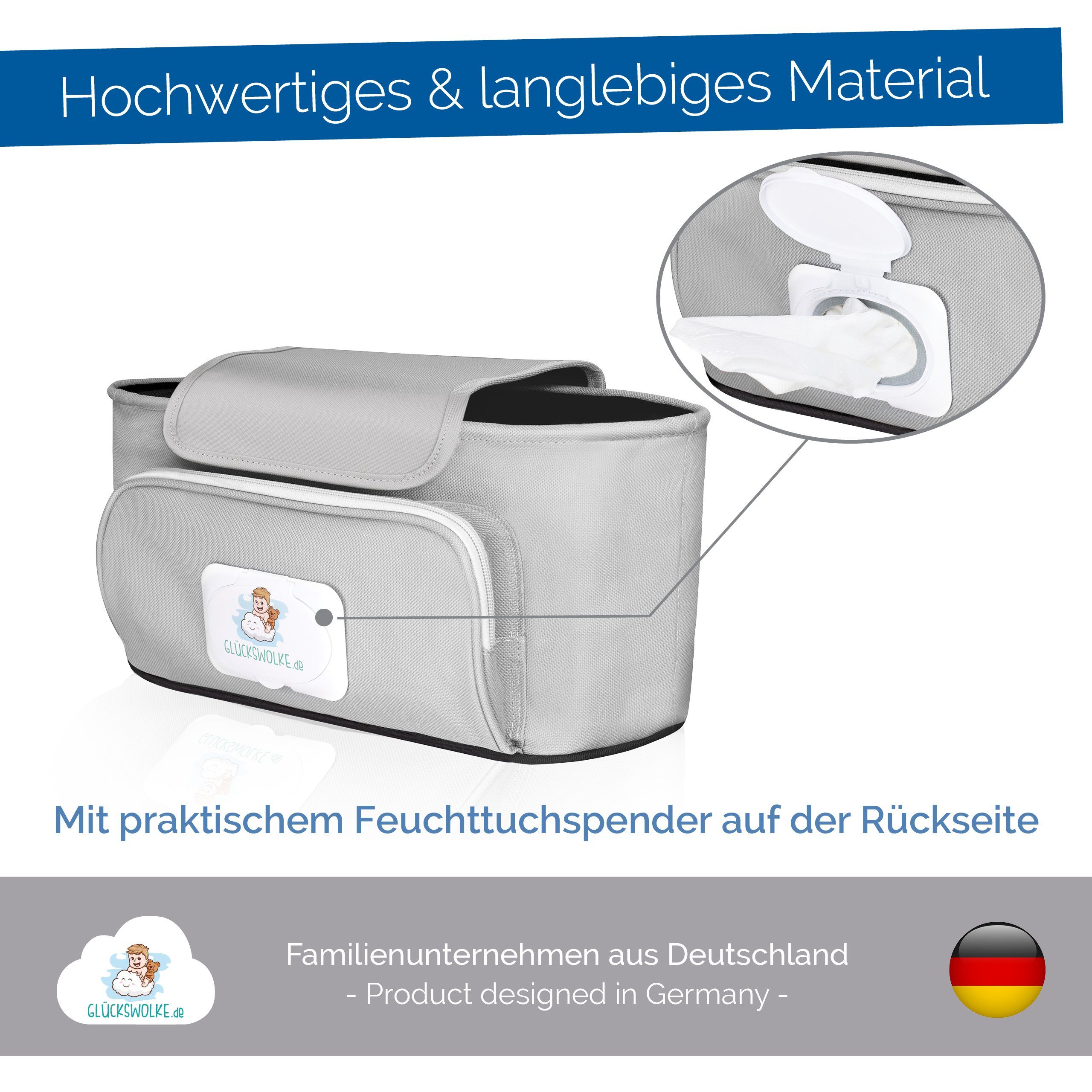 GLÜCKSWOLKE Kinderwagen-Tasche in Grau oder Schwarz I 6 Motive I Kinderwagentasche & Buggy Organizer, Kinderwagen Tasche mit Getränkehalter und Feuchttücherfach