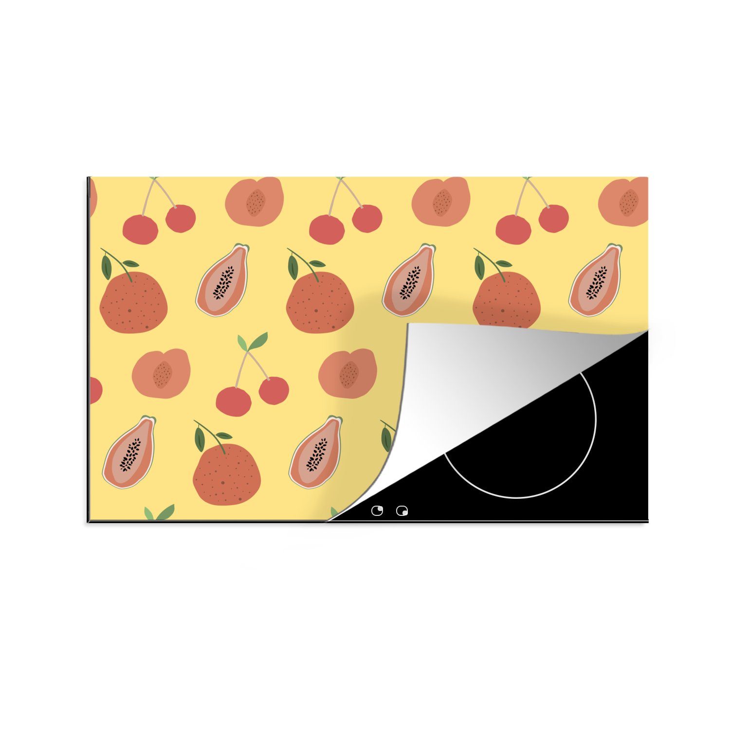 MuchoWow Herdblende-/Abdeckplatte Obst - Rot - Gelb - Muster, Vinyl, (1 tlg), 81x52 cm, Induktionskochfeld Schutz für die küche, Ceranfeldabdeckung