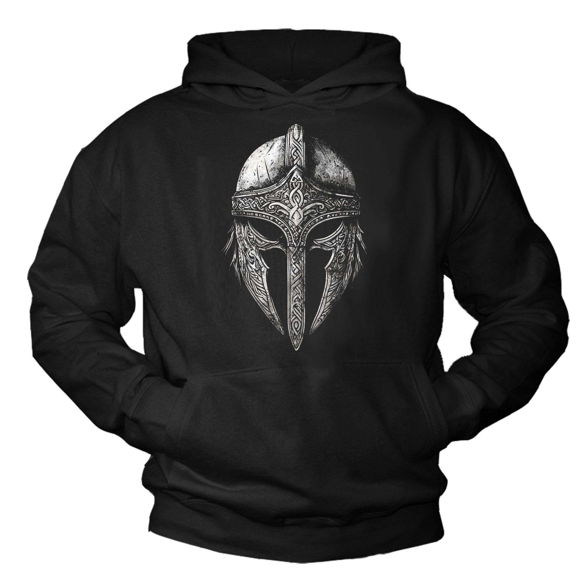 MAKAYA Kapuzenpullover für Männer mit Aufdruck Wikinger Helm Viking Sweatshirt (Schwarz, S, M, L, XL, XXL, 3XL, 4XL) Baumwolle