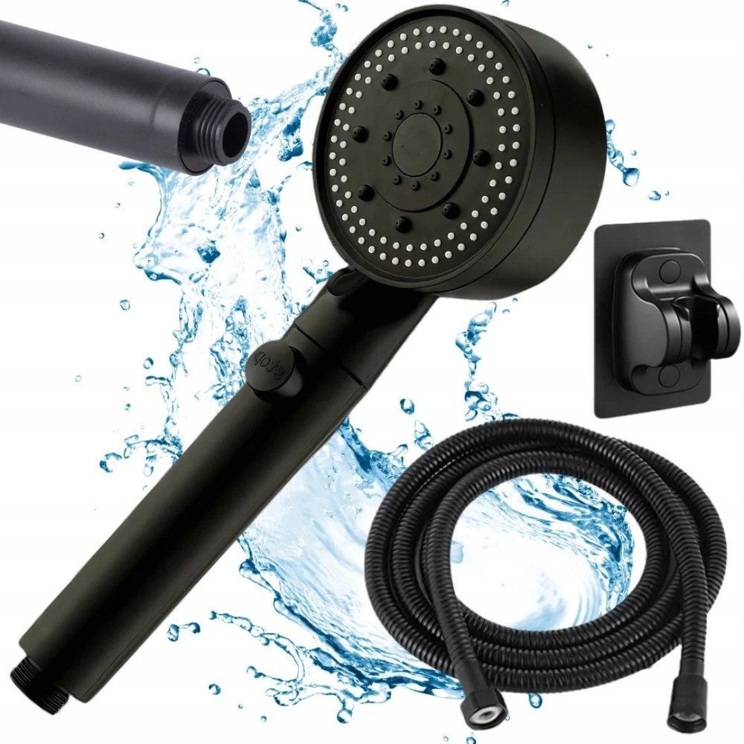 VERK GROUP Handbrause Duschkopf mit Schlauch 1,5 m 5 Funktionen Schwarz Handbrause, (Duschset, 1-tlg., 3-teilig: 1x Duschkopf, 1x Duschschlauch, 1x Klebehalterung), Druckknopf-Stoppfunktion