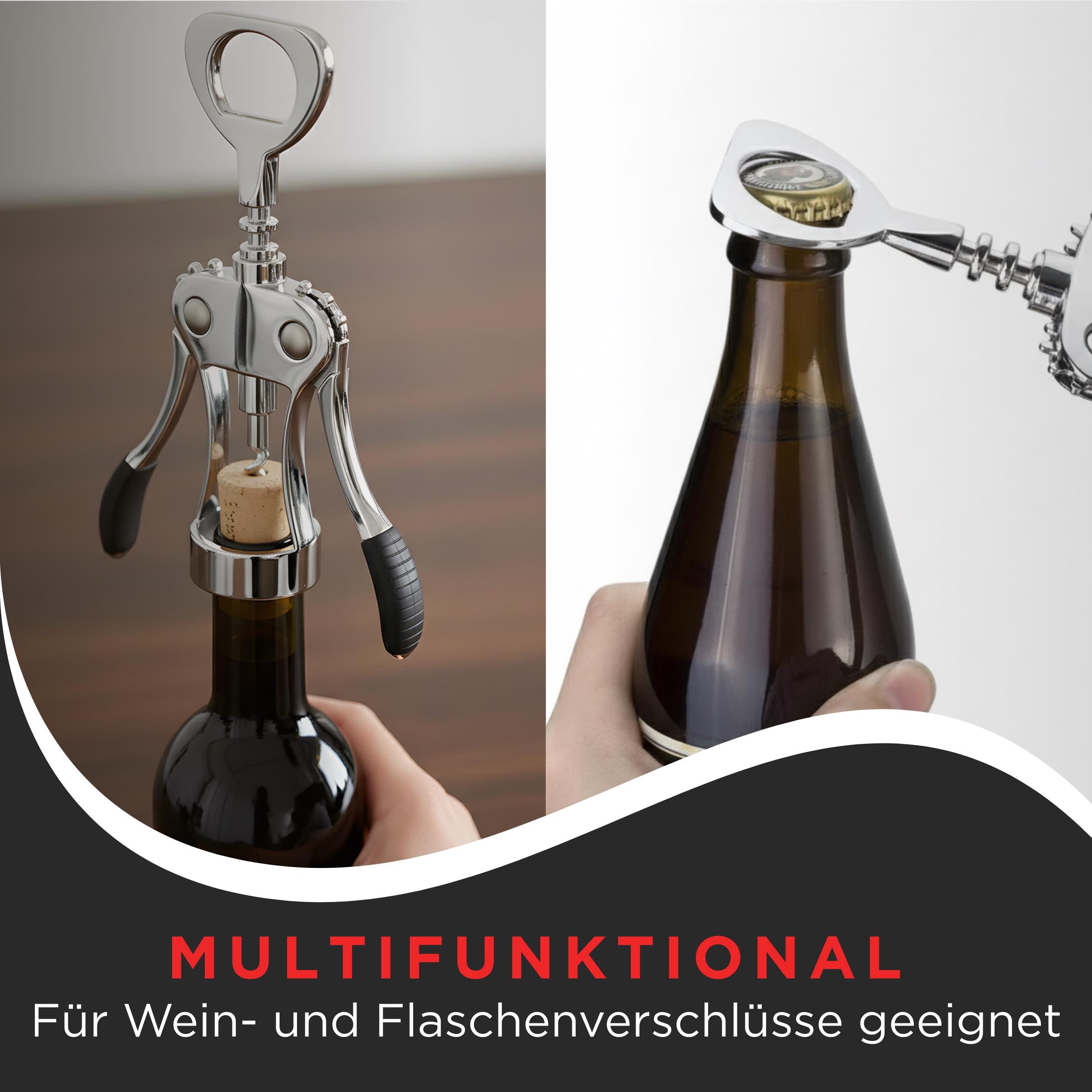 wortek Korkenzieher Weinflaschenöffner Flaschenöffner, (1er Set, 1 tlg., Hebelkorkenzieher mit Flaschenöffner), Geschenk für Wein- und Bierliebhaber – Bild 5 von 5