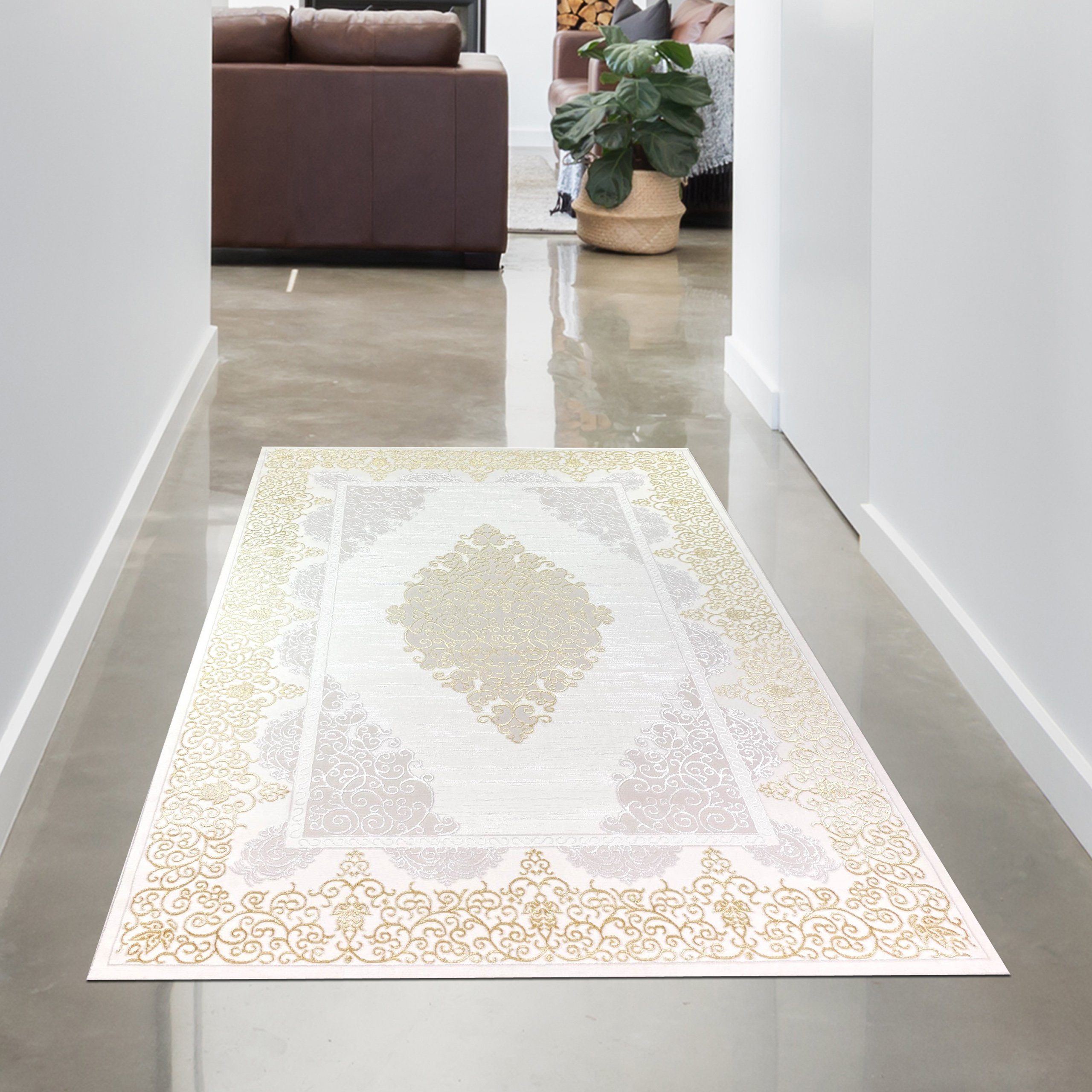 Teppich Teppich mit orientalischem Flair, luxuriös, weiß gold grau,  Carpetia, rechteckig, Höhe: 5 mm