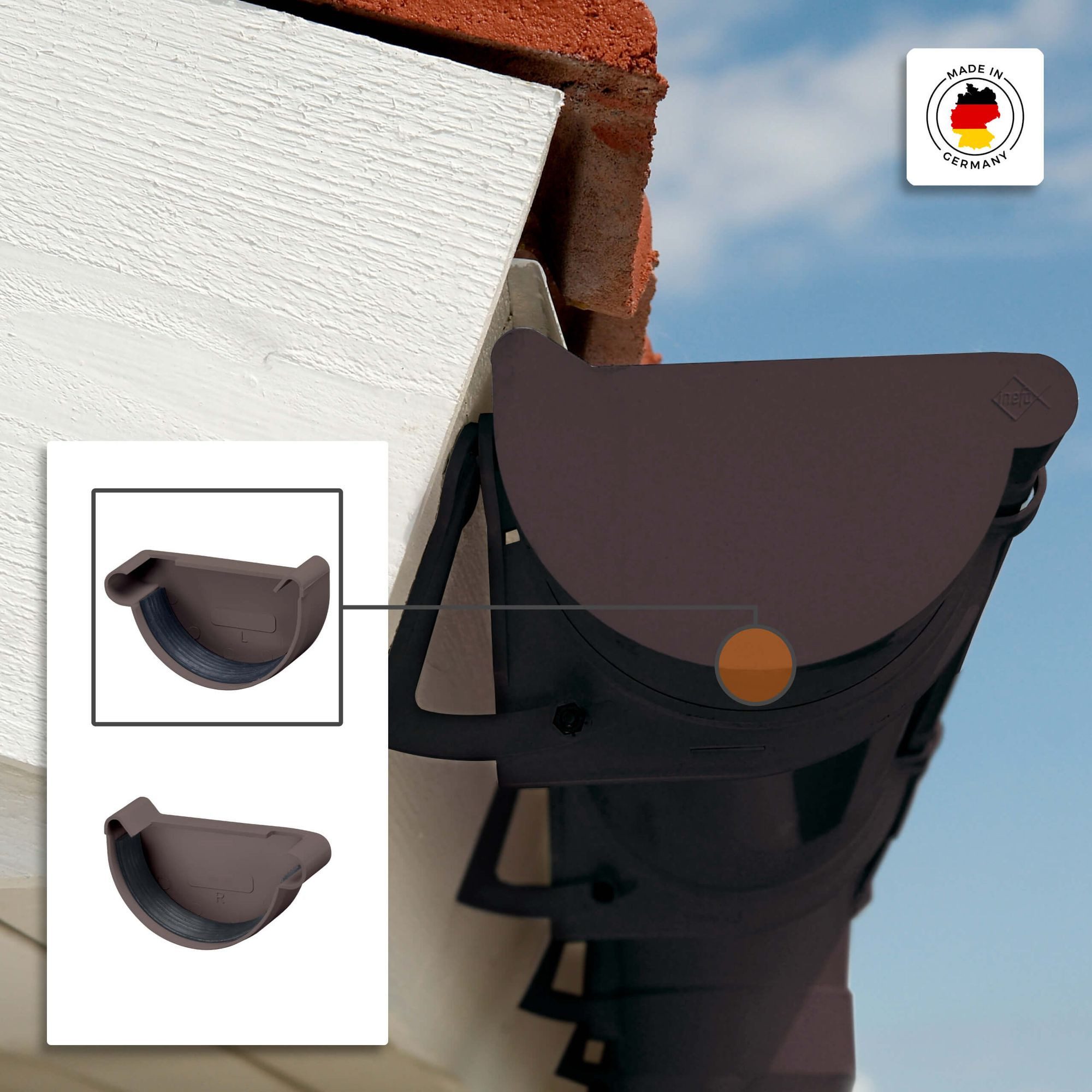 INEFA Dachrinne Rinnenendstück halbrund, NW 100. links, 1-St., Dachrinnen, Kunststoffrinne für Gartenhaus, Gewächshaus - Endstück