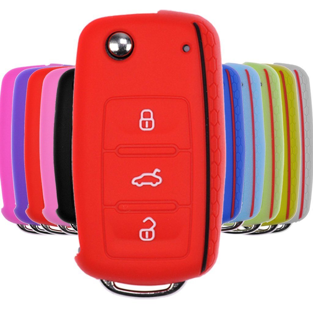mt-key Schlüsseltasche Autoschlüssel Softcase Silikon Schutzhülle im Wabe Design Rot, für VW SEAT Skoda Golf 6 Octavia UP Leon ab 11/2009 3 Tasten