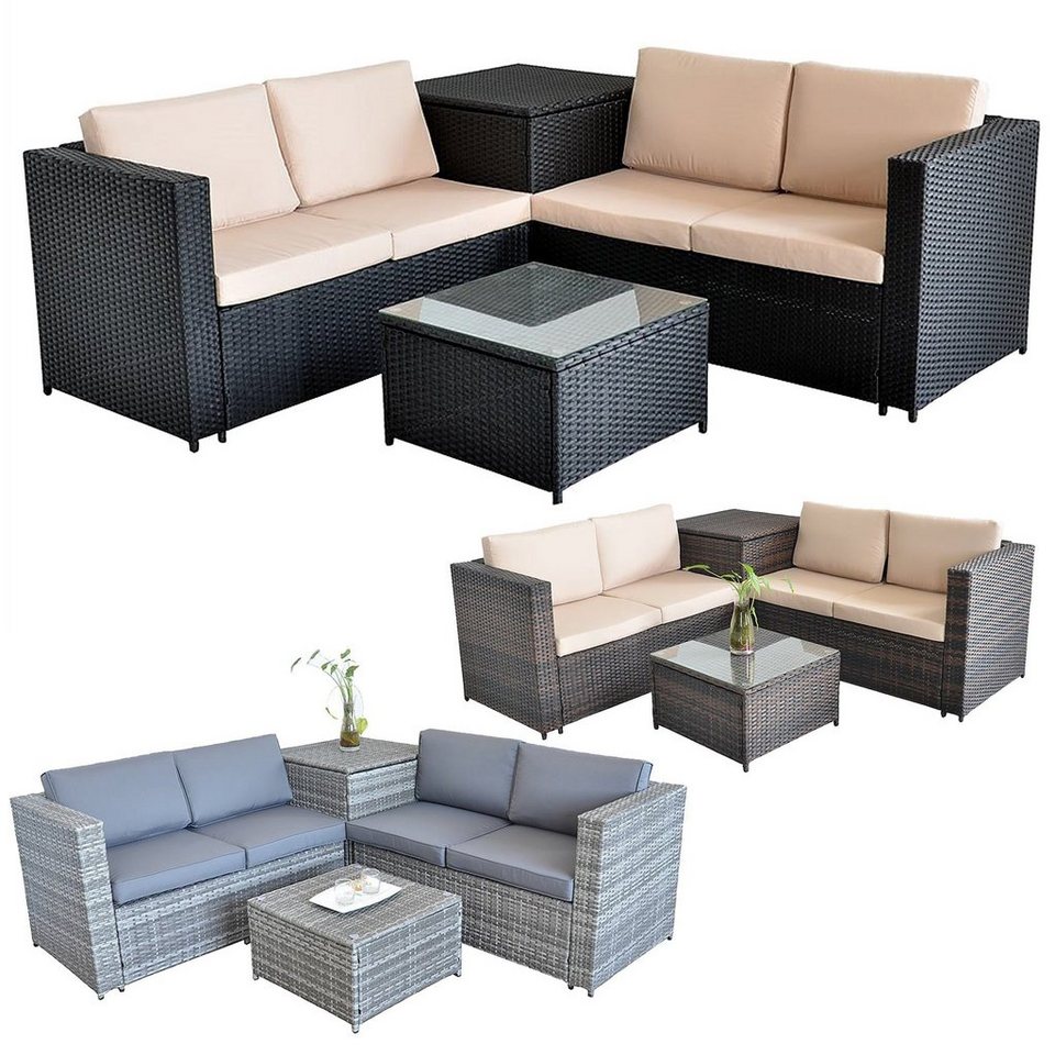 Melko Gartenmöbelset »Rattanlounge + Tisch und Kissenbox in Schwarz Grau Braun Garten Sofa Lounge Gartenmöbel Couch Ecksofa Wohnlandschaft Sitzer…