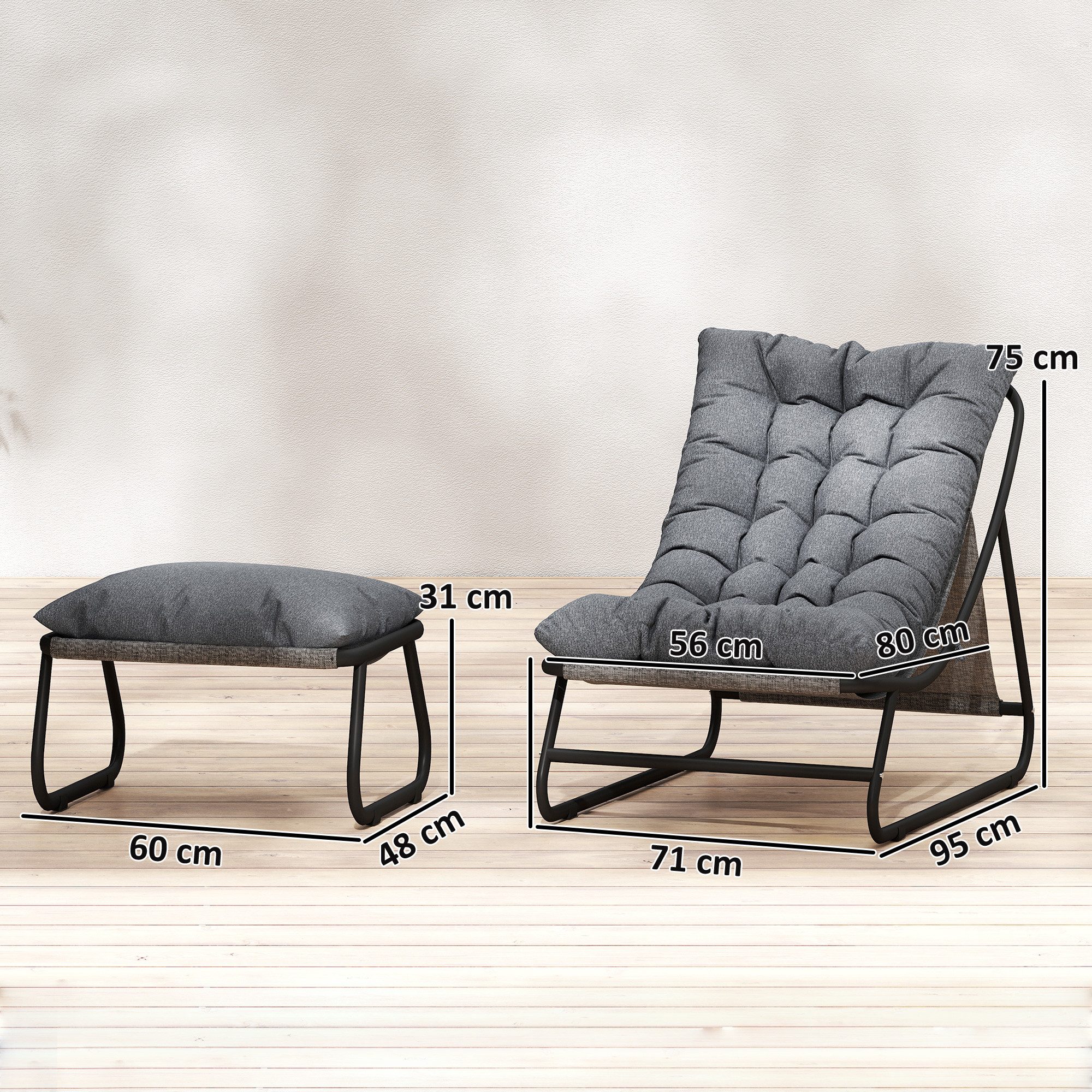 Outsunny Gartenliege mit Hocker, 13 cm dicker Auflage, rutschfesten Füßen, Balkonsessel, 2 St., Loungesessel, für Garten,Terrasse Dunkelgrau