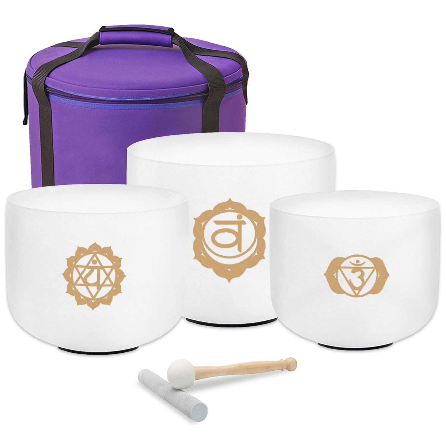 keepdrum Klangschalen keepdrum Klangschalen-Set OM Gold 3-Chakren Set mit Zubehör,Klangschalen, 3-teiliges Quarz-Klangschalen Set