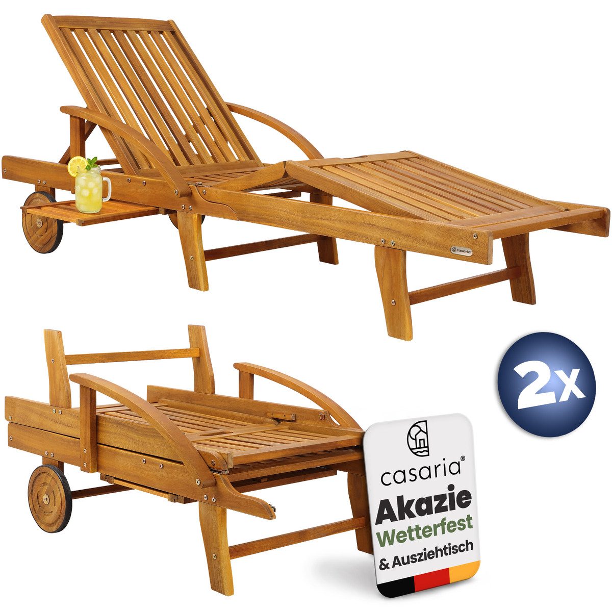 Casaria Gartenliege Tami Sun, 2er Set Klappbar Wetterfest 2 Personen Holz Gartenliege Ablage 196cm